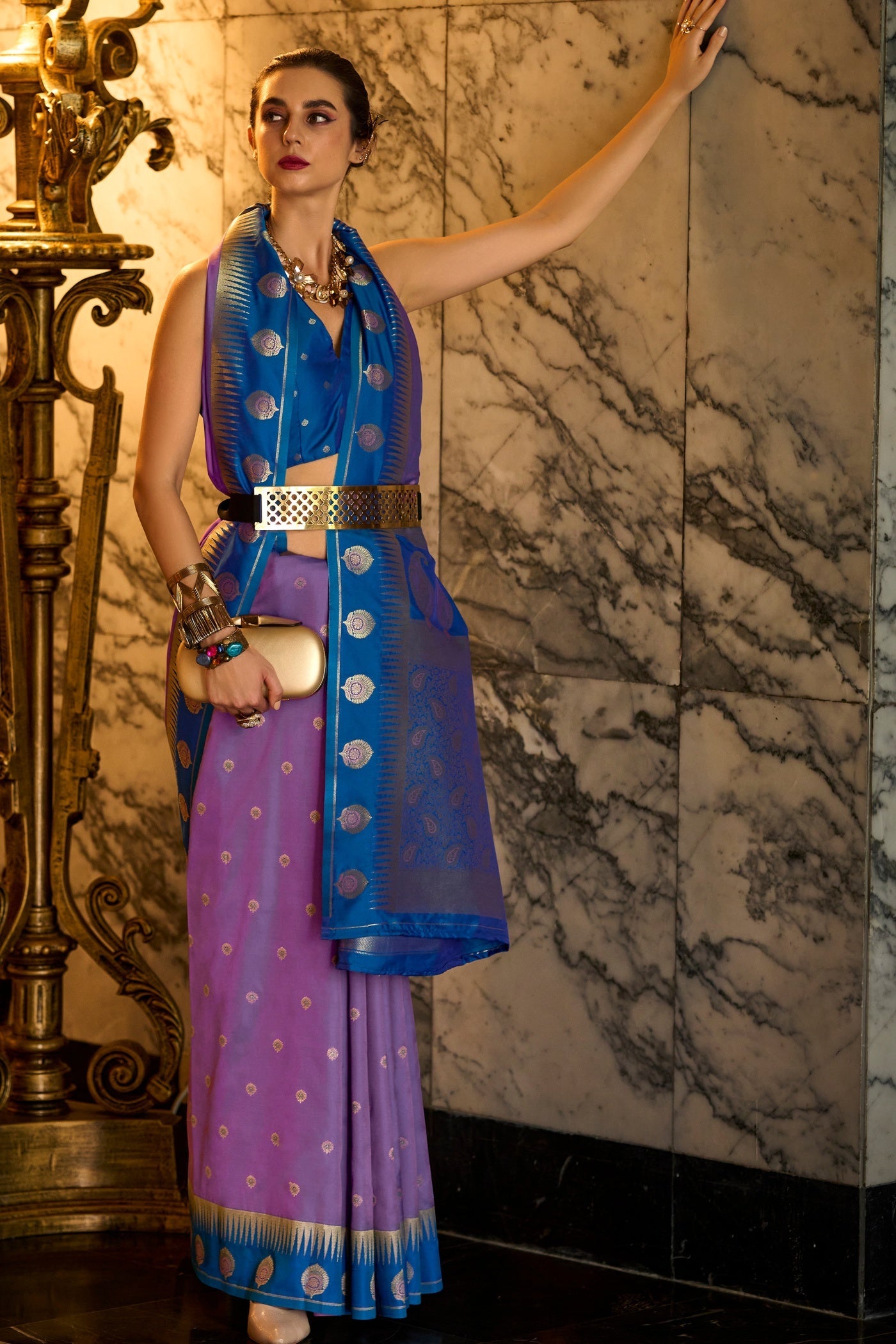 Cherry Lavender Pure Soft Banarasi Silk Weaving Saree