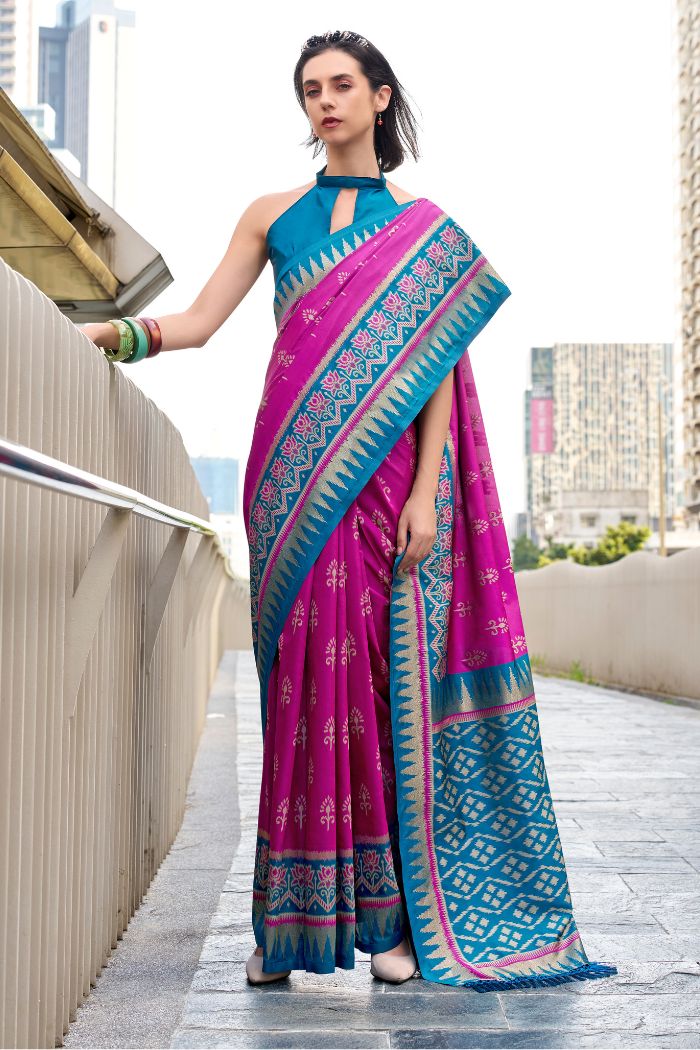 Qutub Minar Neon Pink Pure Soft Banarasi Silk Ikkat Weaving Saree