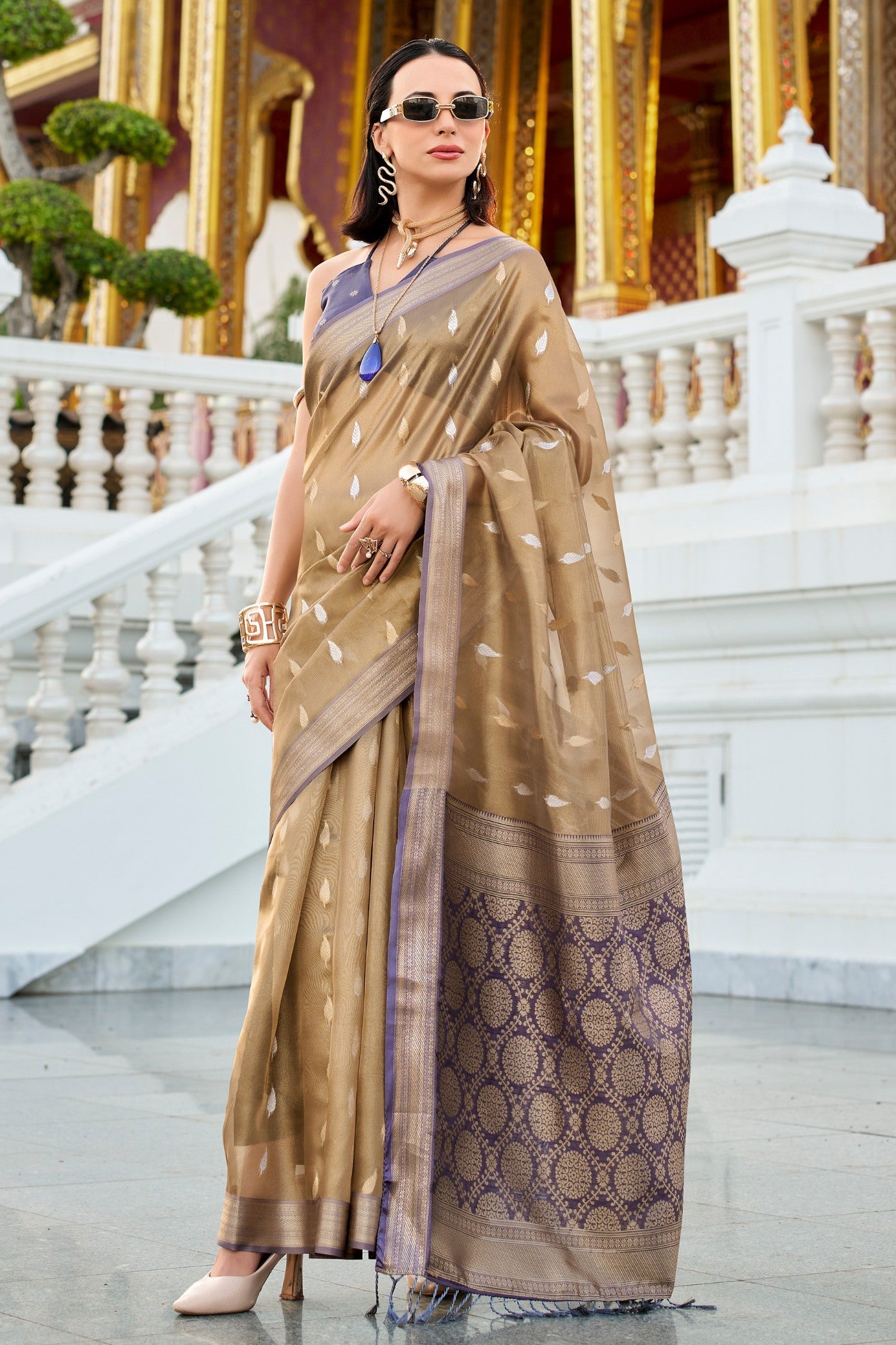 Royal Blue Tissues Silk Zari Booti Woven Saree