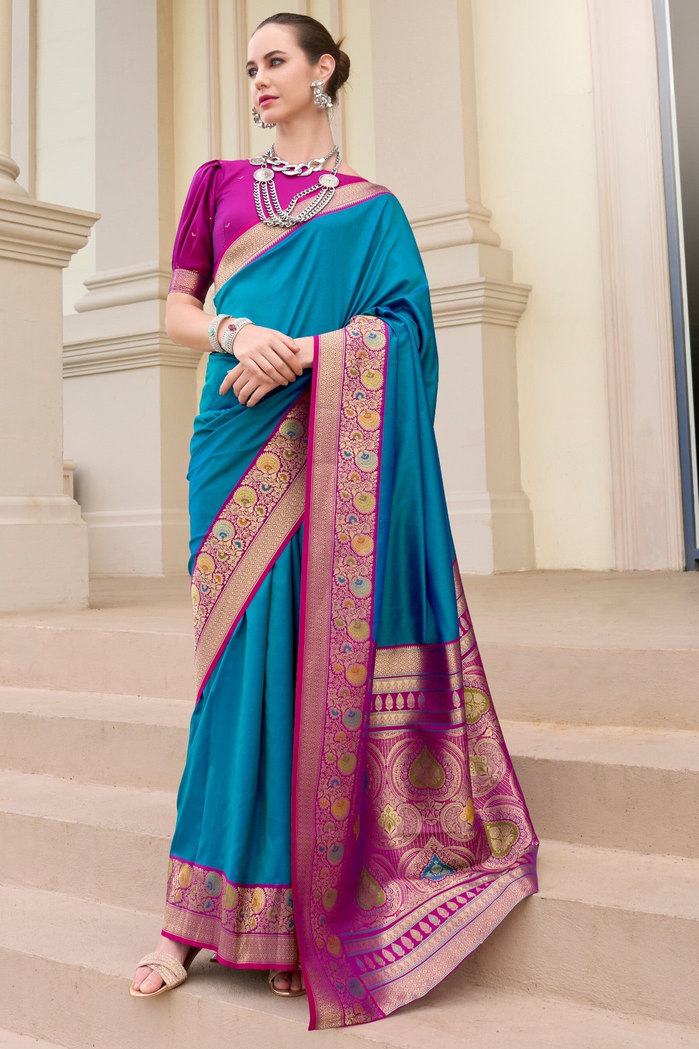 Defender Sky Blue Pure Soft Banarasi Silk Weaving  Saree