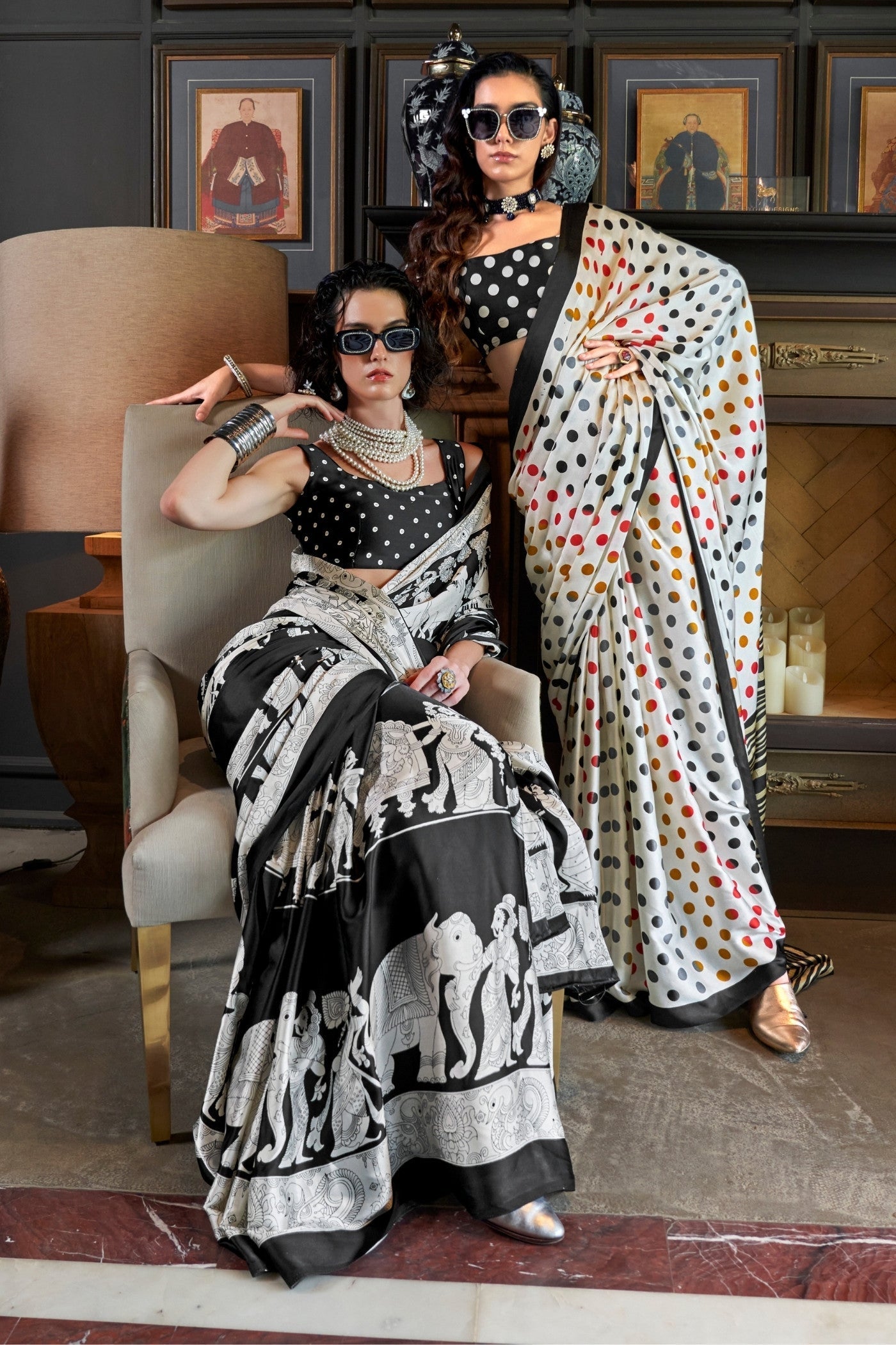 High-end Frost White and Midnight Black Ajrakh Patola Printed Satin Crepe Saree