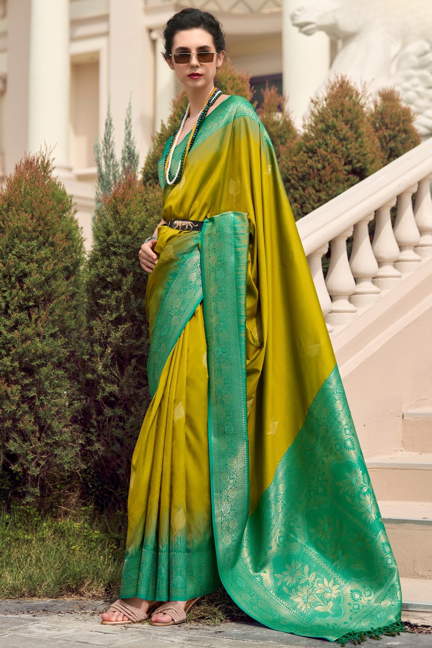 Mango Brozne Yellow Pure Touch Soft Silk Weaving Saree