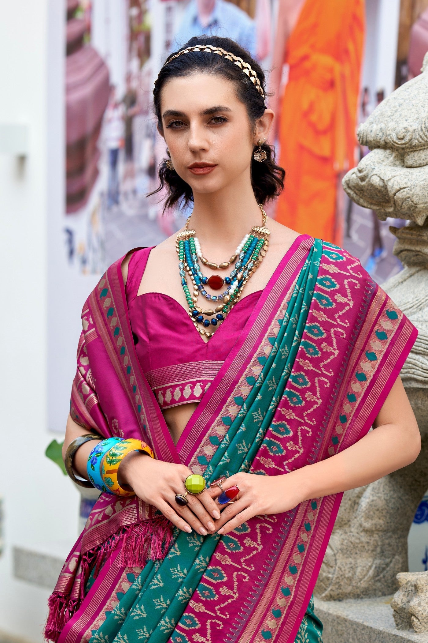 Taj Mahal Green Soft Banarasi Ikkat Silk Woven Saree