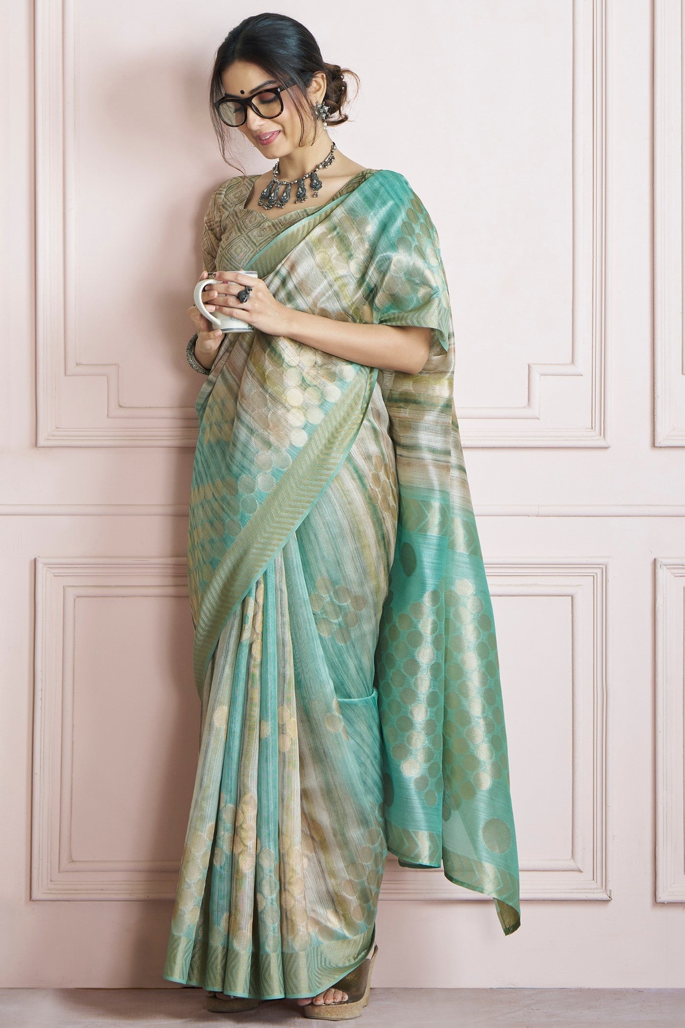 Kingfisher Mint Green Pure Khadi Silk Banarasi Handloom Saree