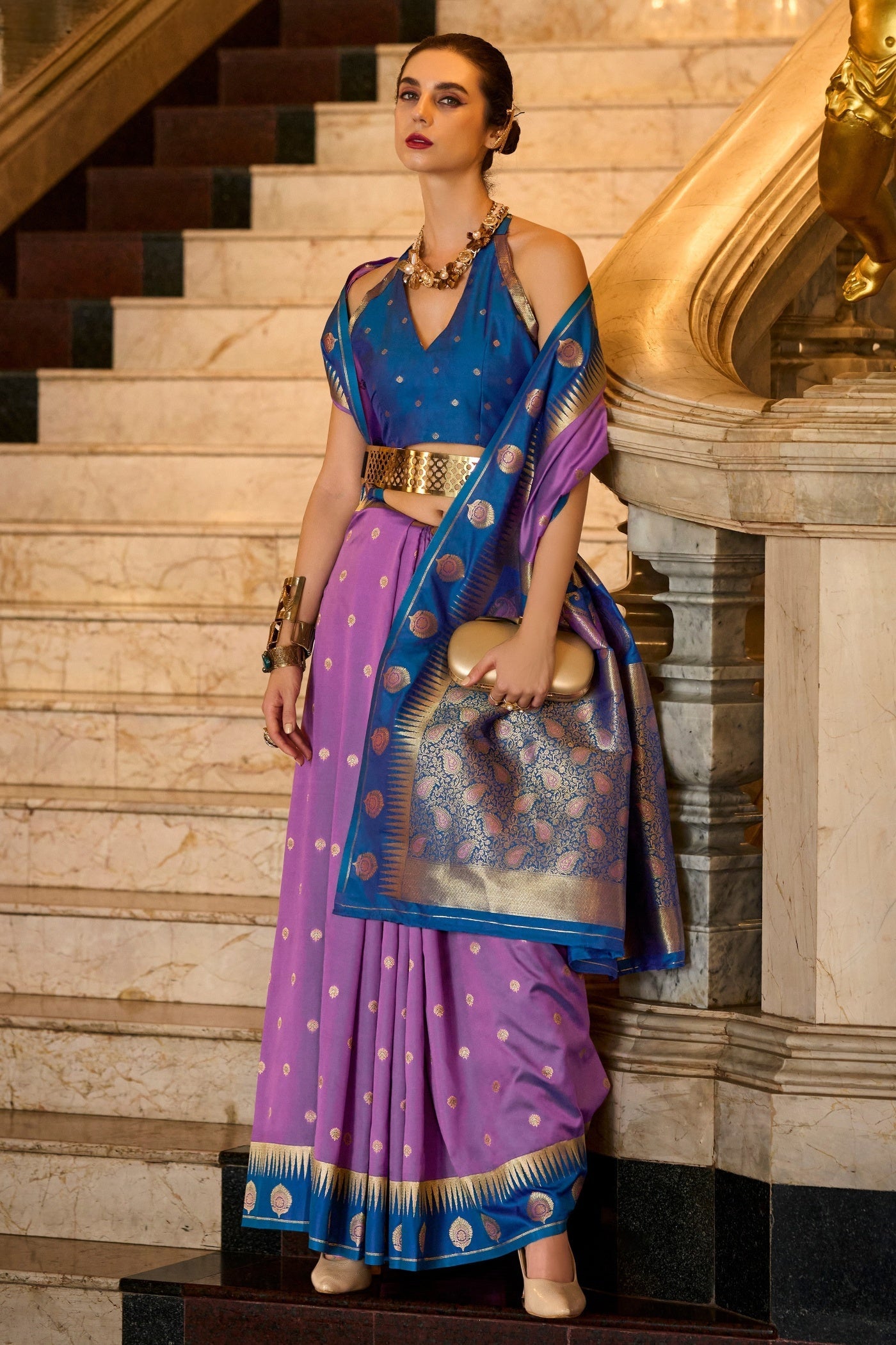 Cherry Lavender Pure Soft Banarasi Silk Weaving Saree