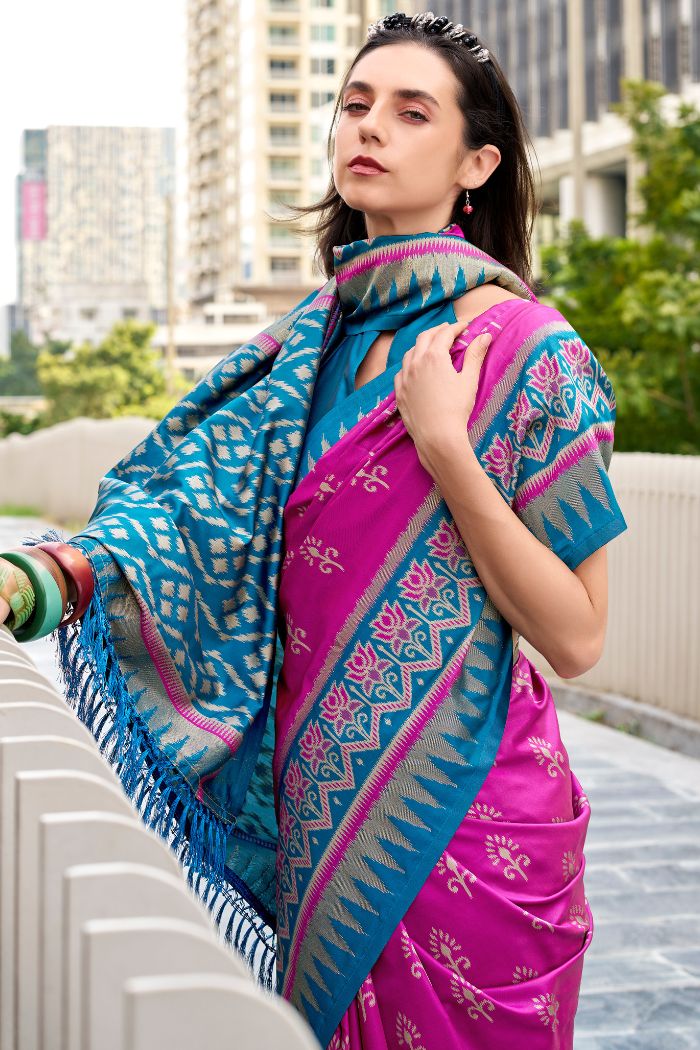Qutub Minar Neon Pink Pure Soft Banarasi Silk Ikkat Weaving Saree
