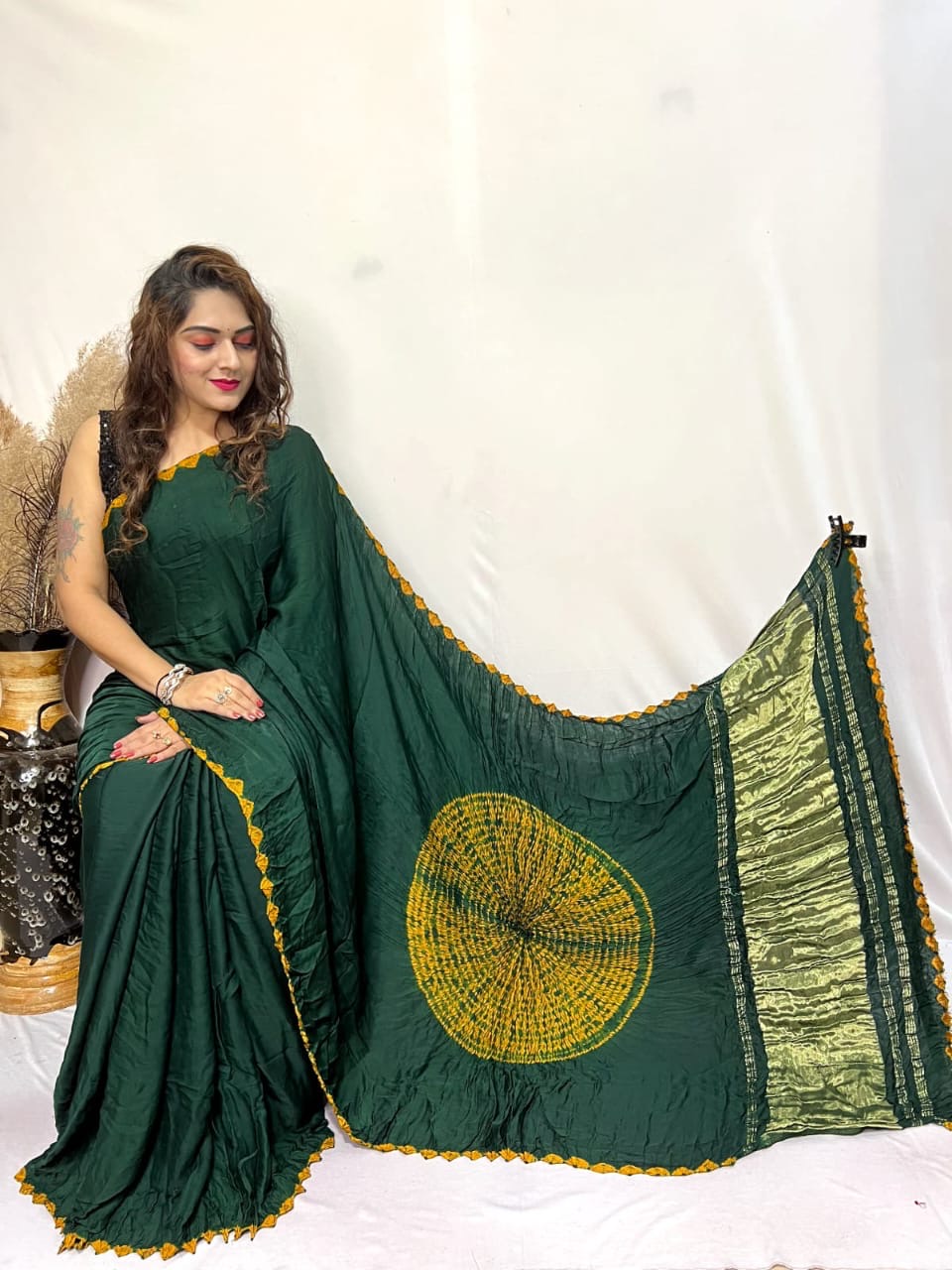 Olive Green Shibori Bandhni Border Pure Modal Silk Plain With Lagdi Pallu Saree