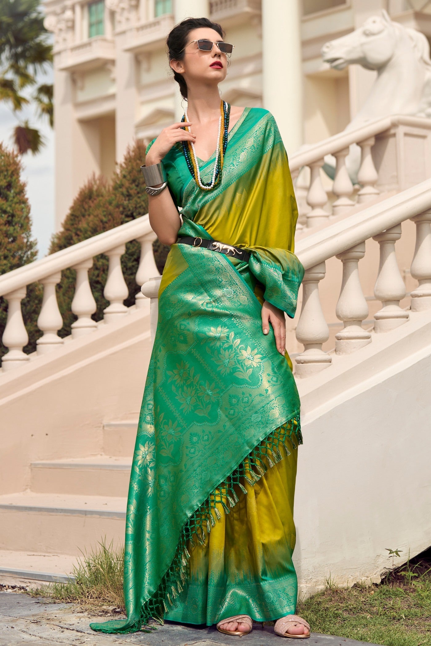 Mango Brozne Yellow Pure Touch Soft Silk Weaving Saree