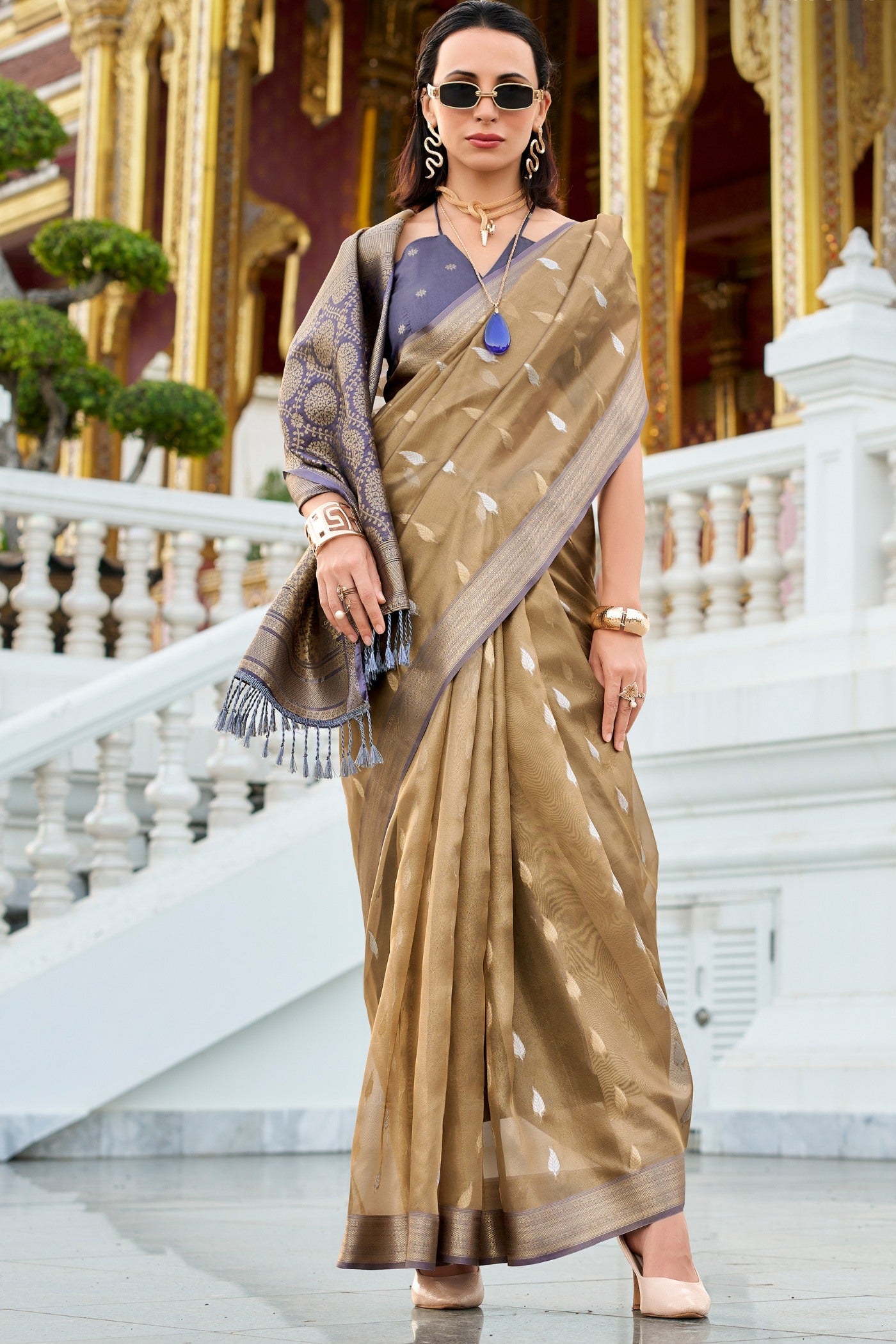 Royal Blue Tissues Silk Zari Booti Woven Saree