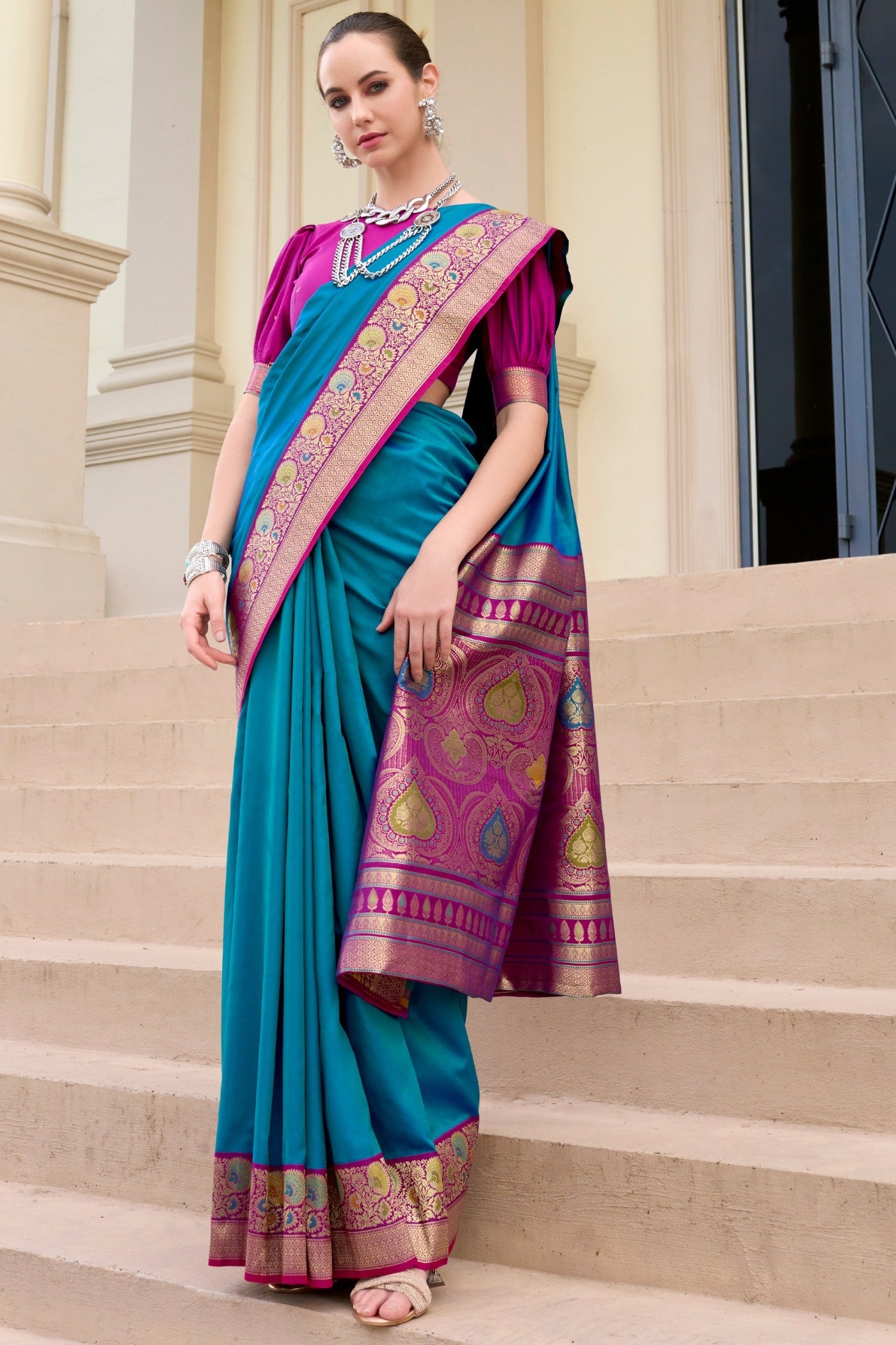 Defender Sky Blue Pure Soft Banarasi Silk Weaving  Saree