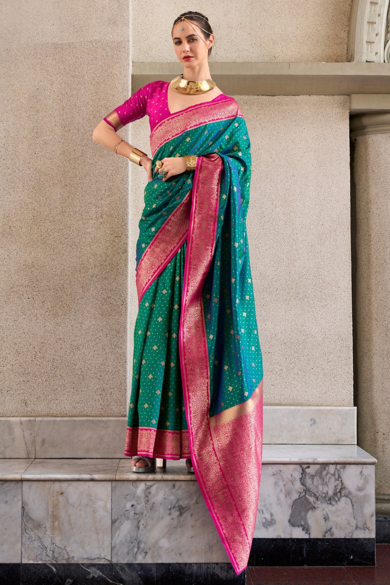 Apollo Pine Teal Pure Soft Banarasi Silk Zari Woven Saree