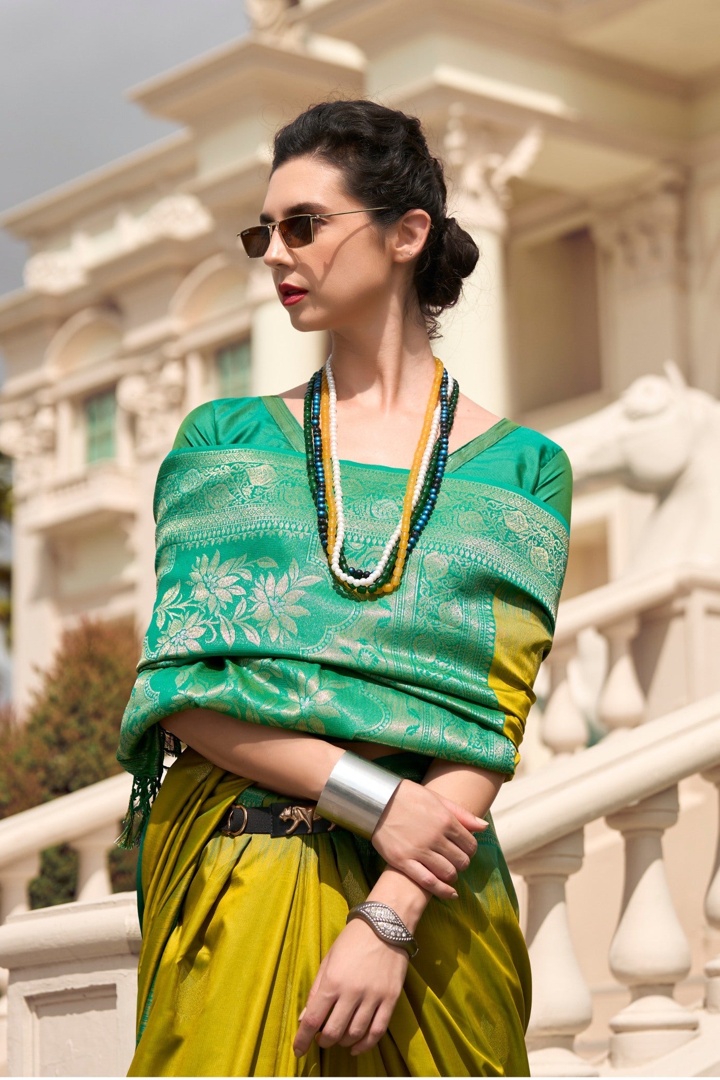 Mango Brozne Yellow Pure Touch Soft Silk Weaving Saree