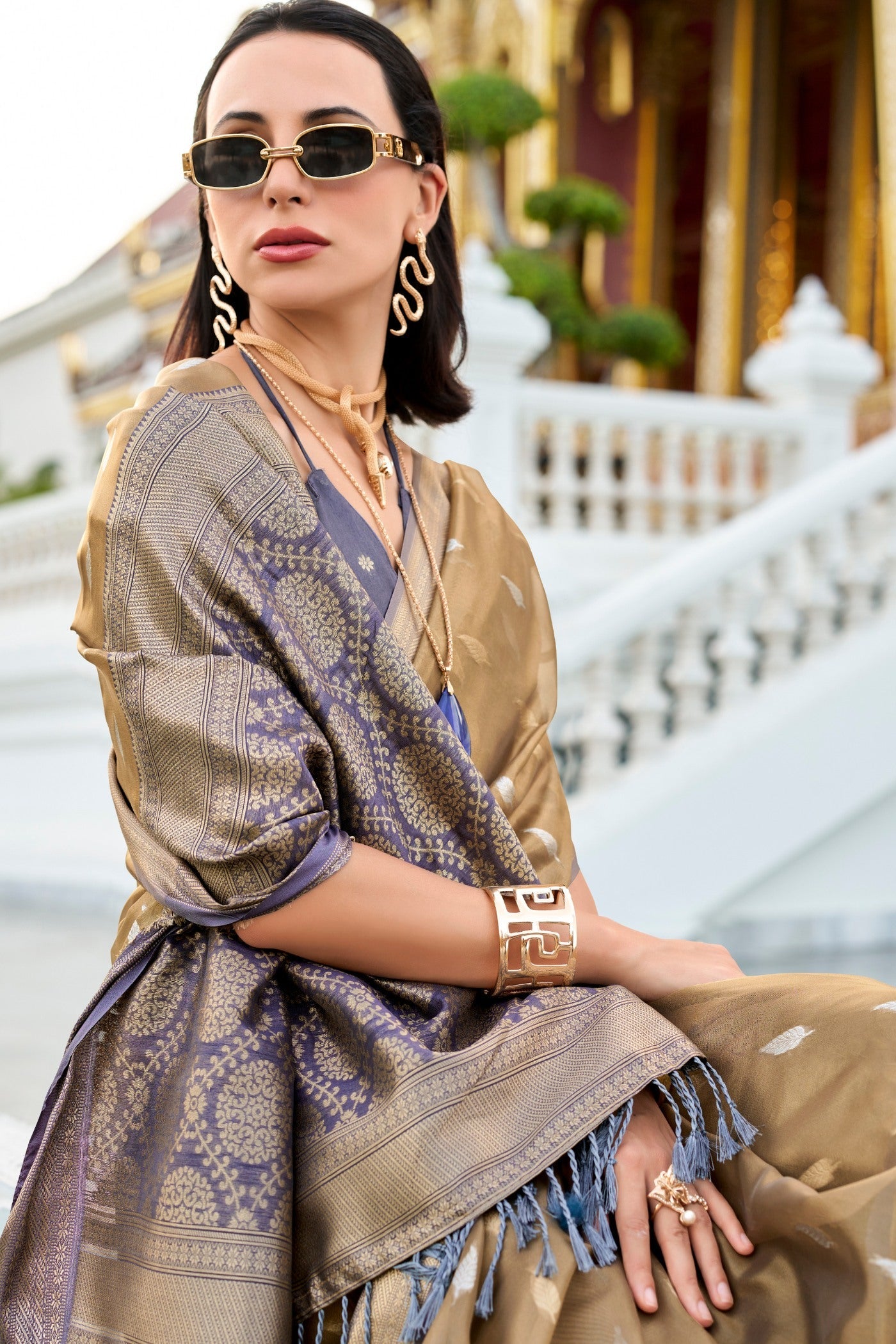 Royal Blue Tissues Silk Zari Booti Woven Saree