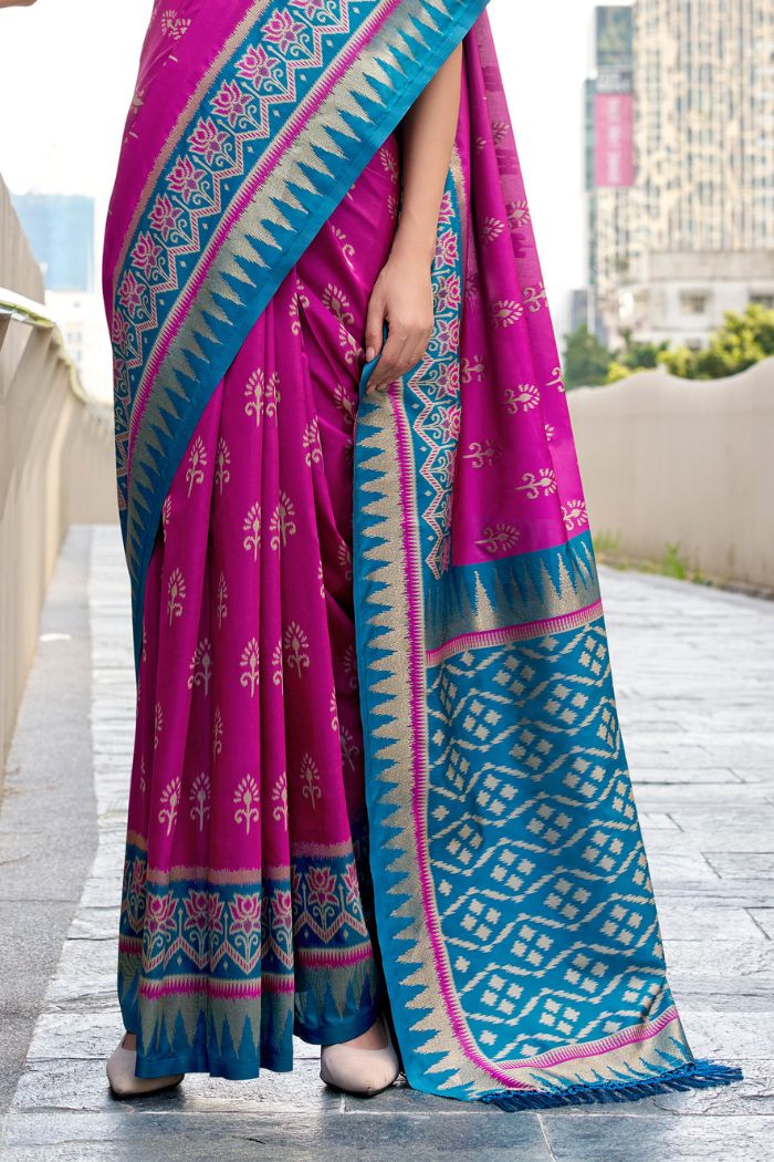 Qutub Minar Neon Pink Pure Soft Banarasi Silk Ikkat Weaving Saree