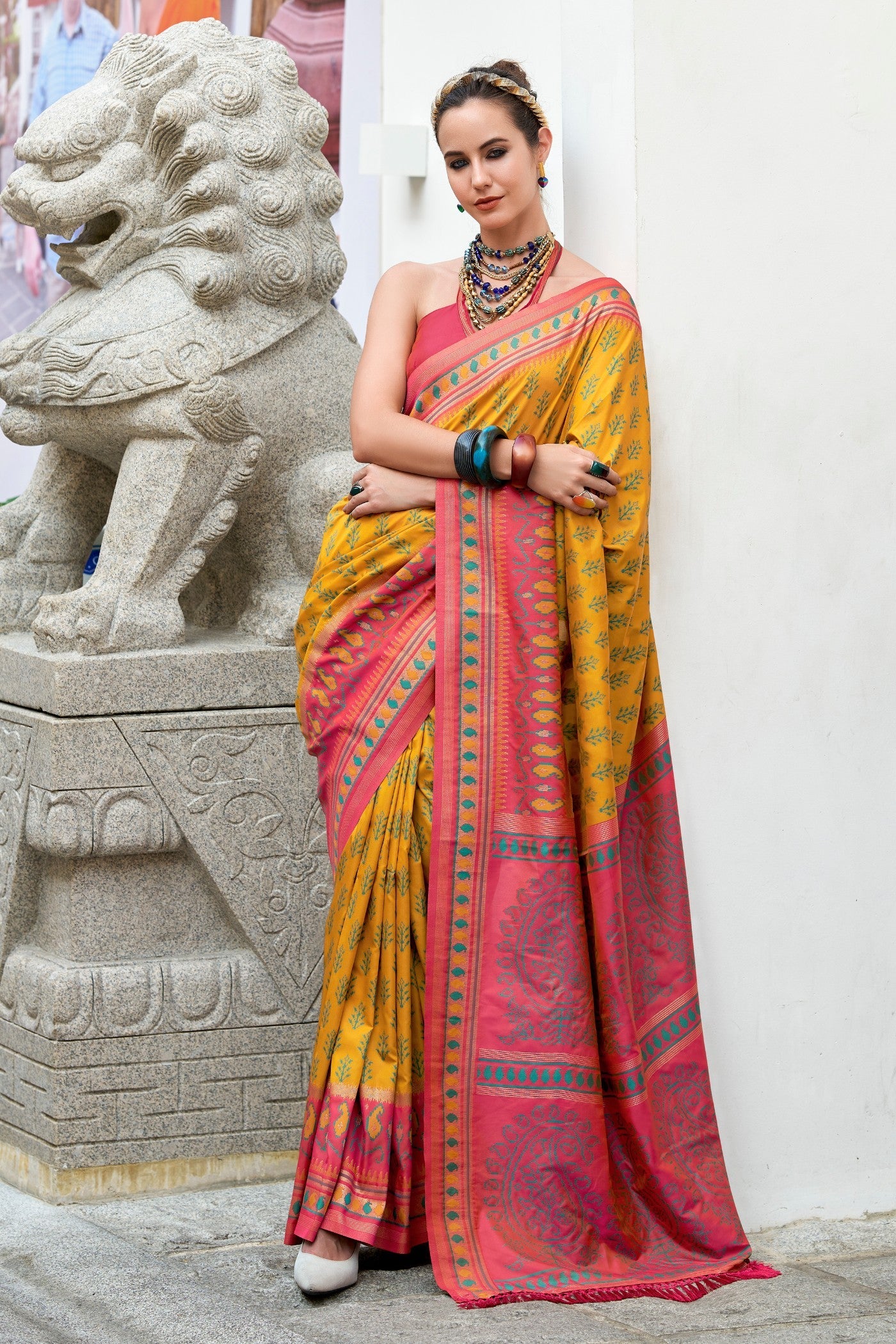 Taj Mahal Yellow Soft Banarasi Ikkat Silk Woven Saree