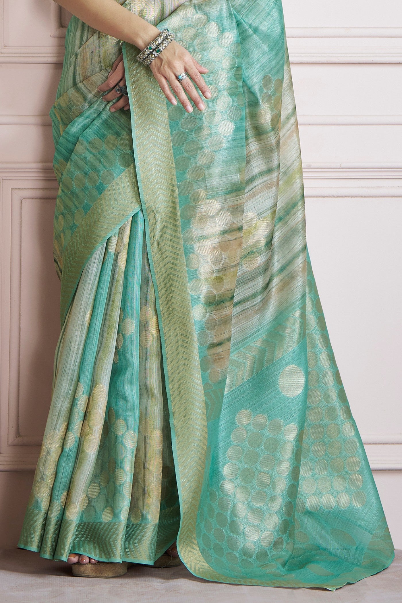 Kingfisher Mint Green Pure Khadi Silk Banarasi Handloom Saree