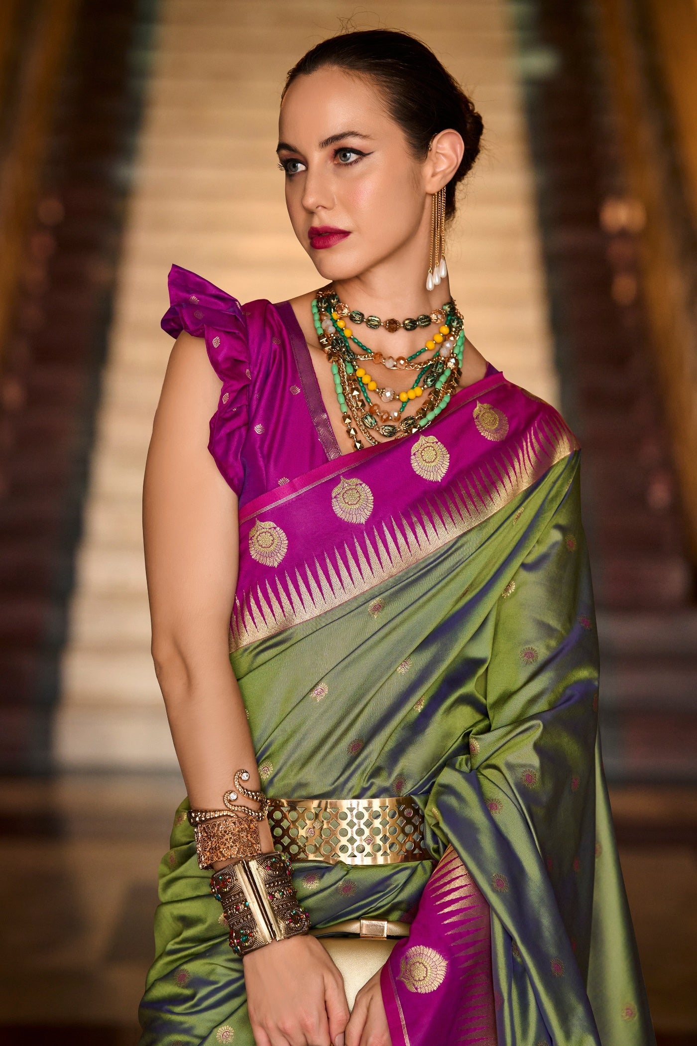Cherry Grassy Olive Pure Soft Banarasi Silk Weaving Saree