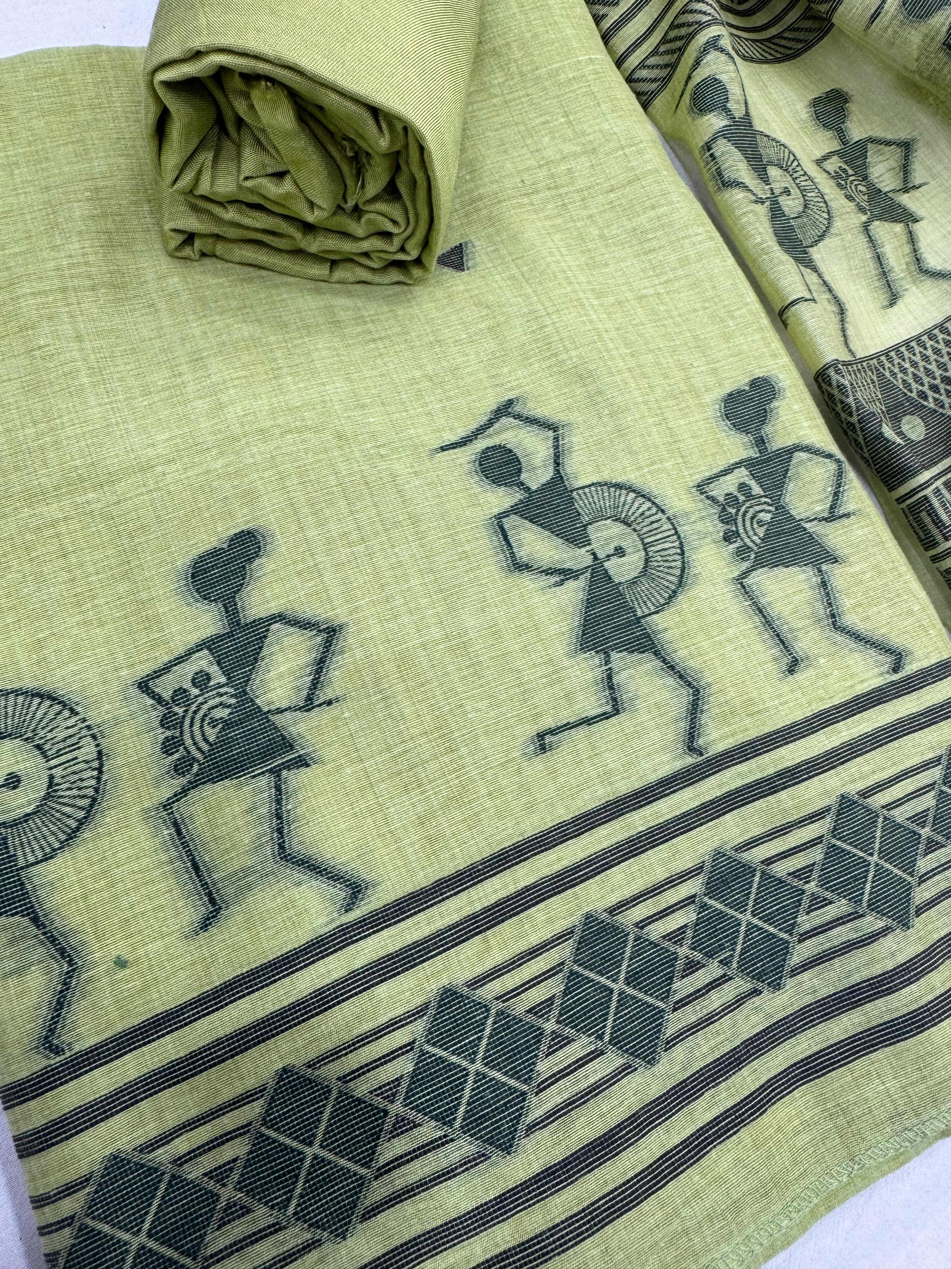 Parrot Pure Muga Silk Warli With All Over Butti Weaving Unstitched 3pis Dress Material