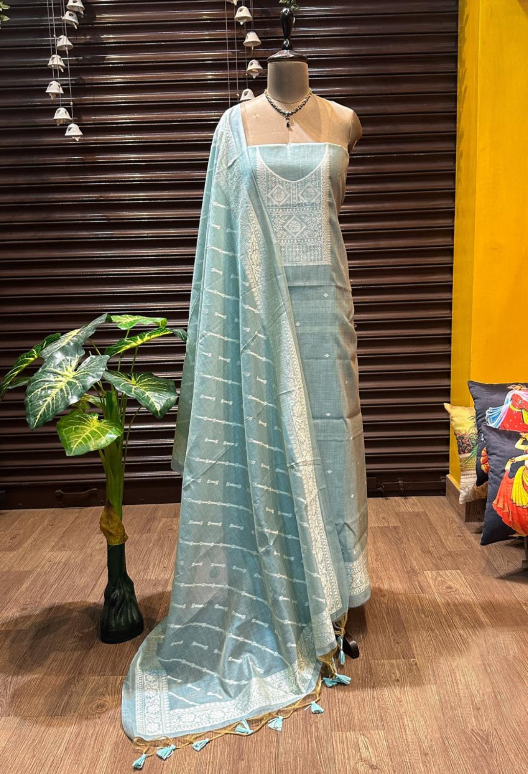 Sky Blue Pure Soft Muga Cotton Weaving Work Unstitched Dress Material