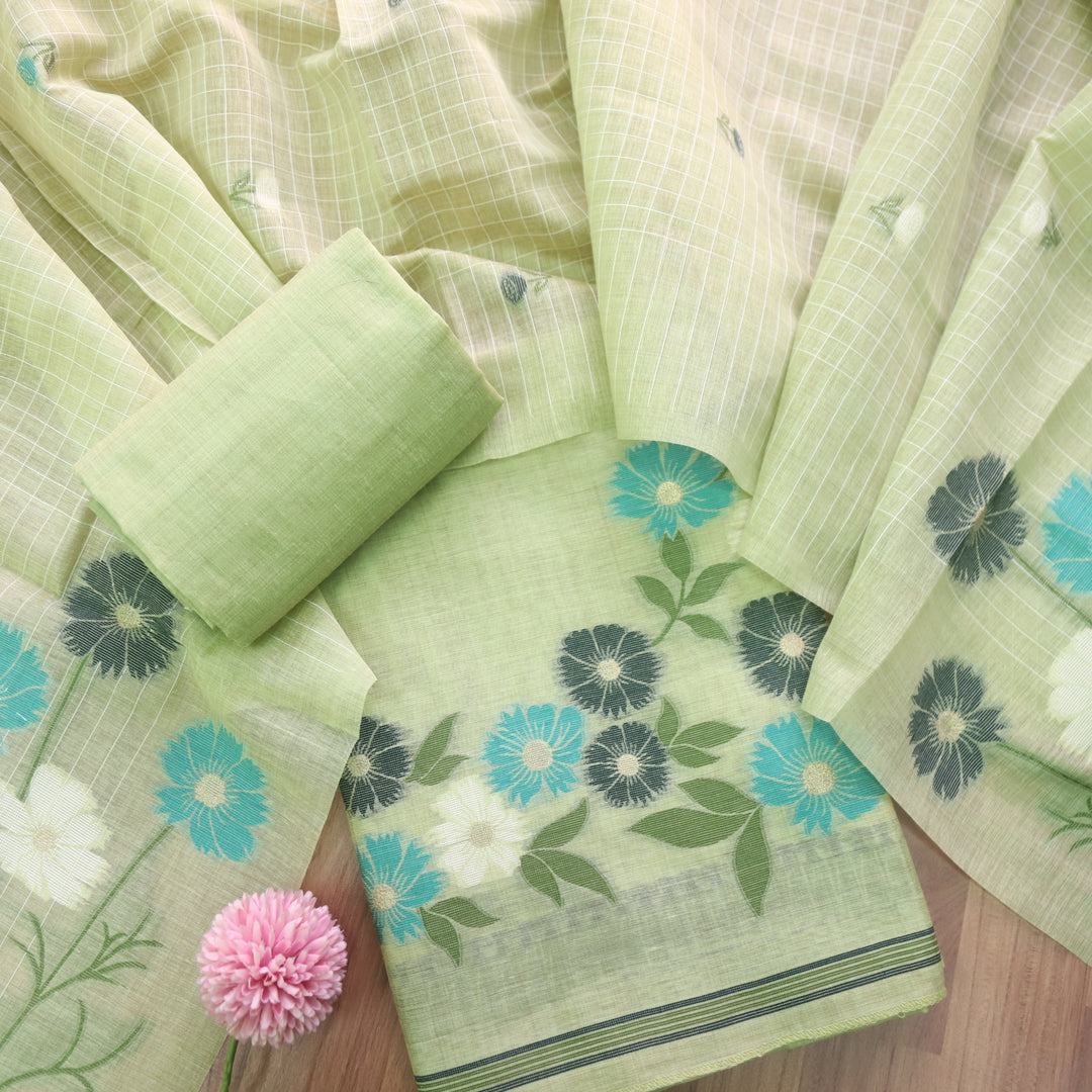 Pista Soft Muga Cotton Jamdani Flower Weaving Unstitched Dress Material