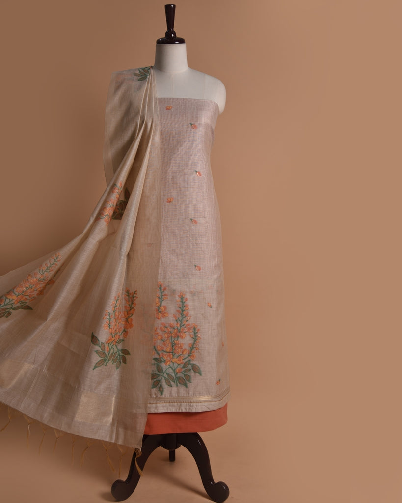 Burnt Umber Pure Soft Muga Cotton Flower Weaving Unstitched Dress Material