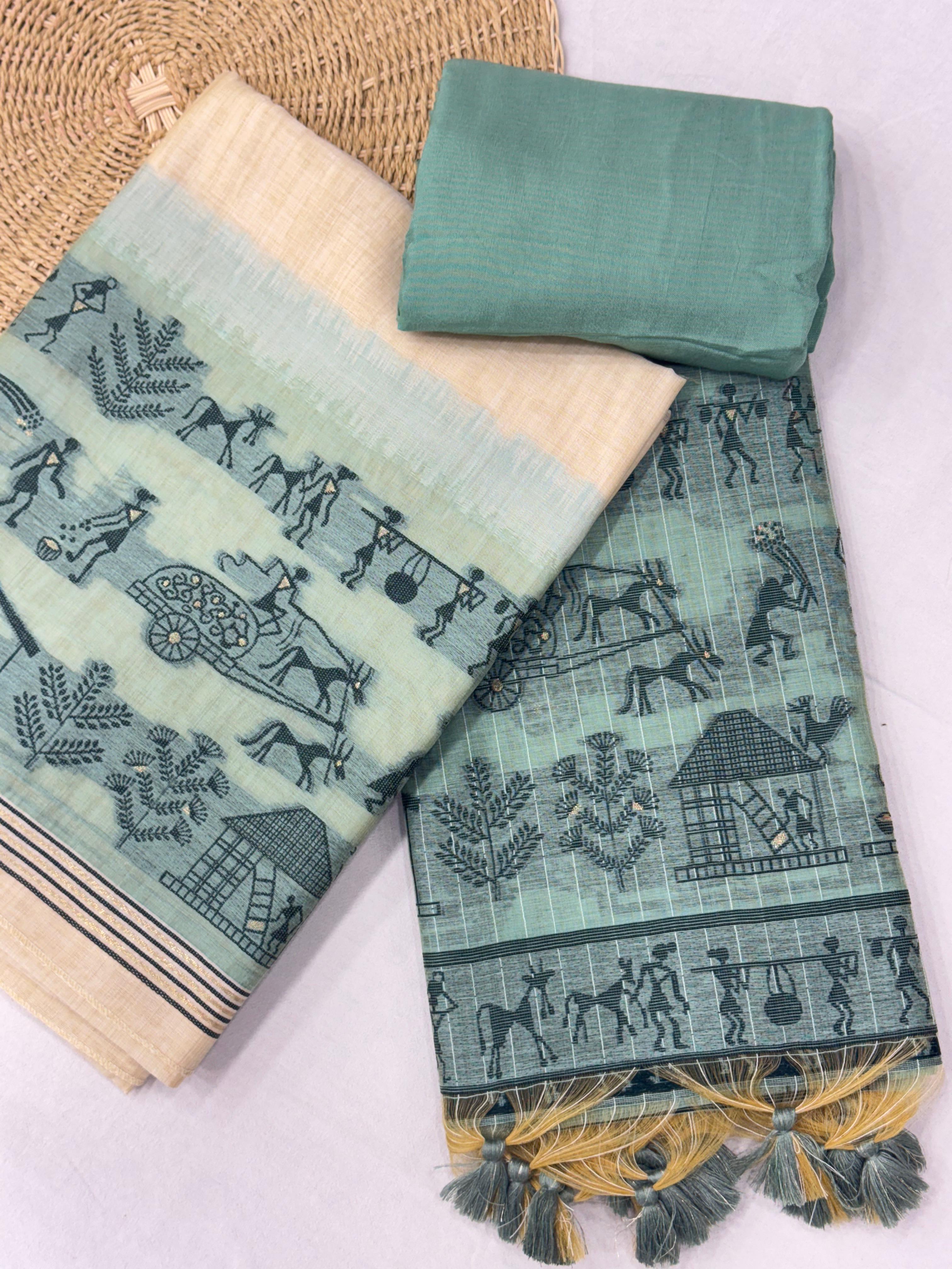 Sky Blue Pure Muga Silk Warli With All Over Butti Weaving Unstitched 3pis Dress Material