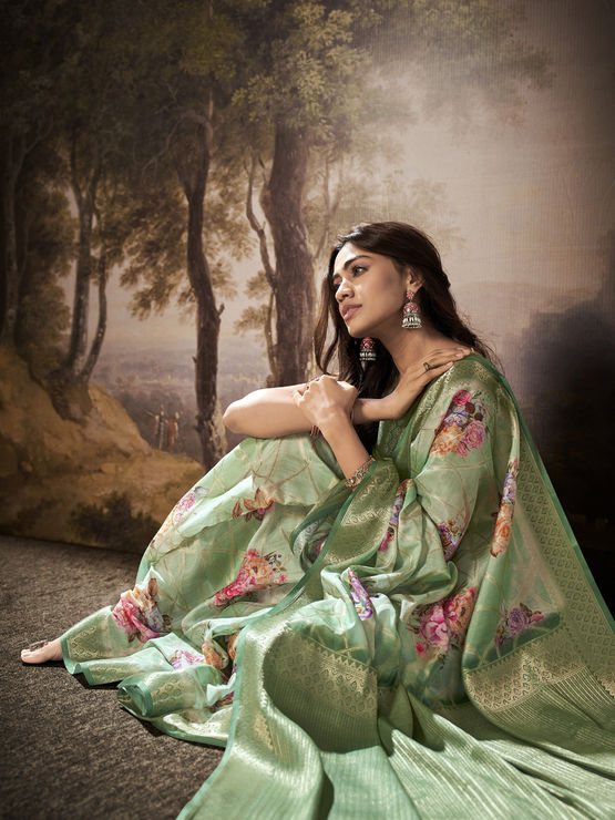 Manorana Green Tussar cotton Floral Printed Saree