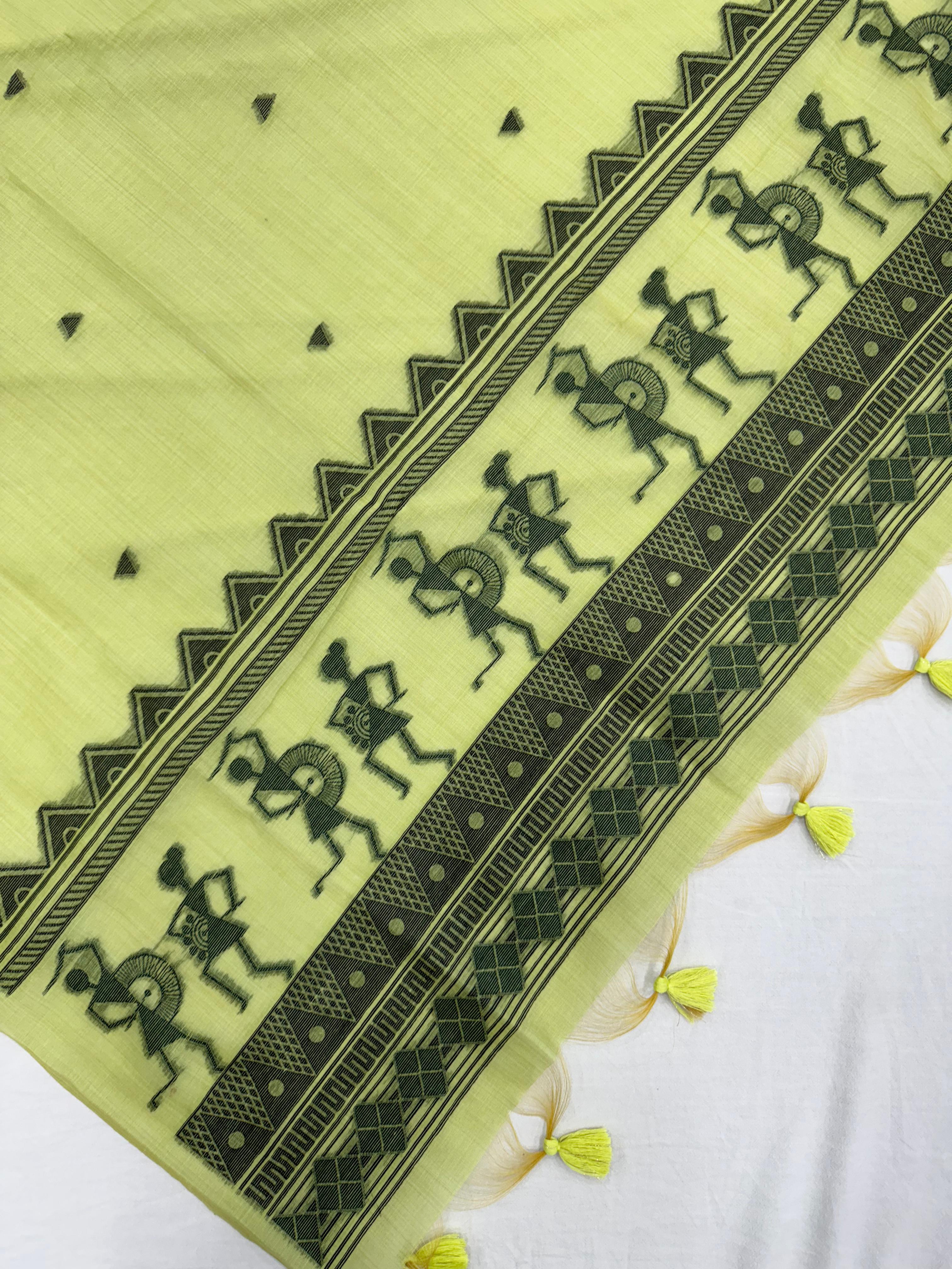 Parrot Pure Muga Silk Warli With All Over Butti Weaving Unstitched 3pis Dress Material
