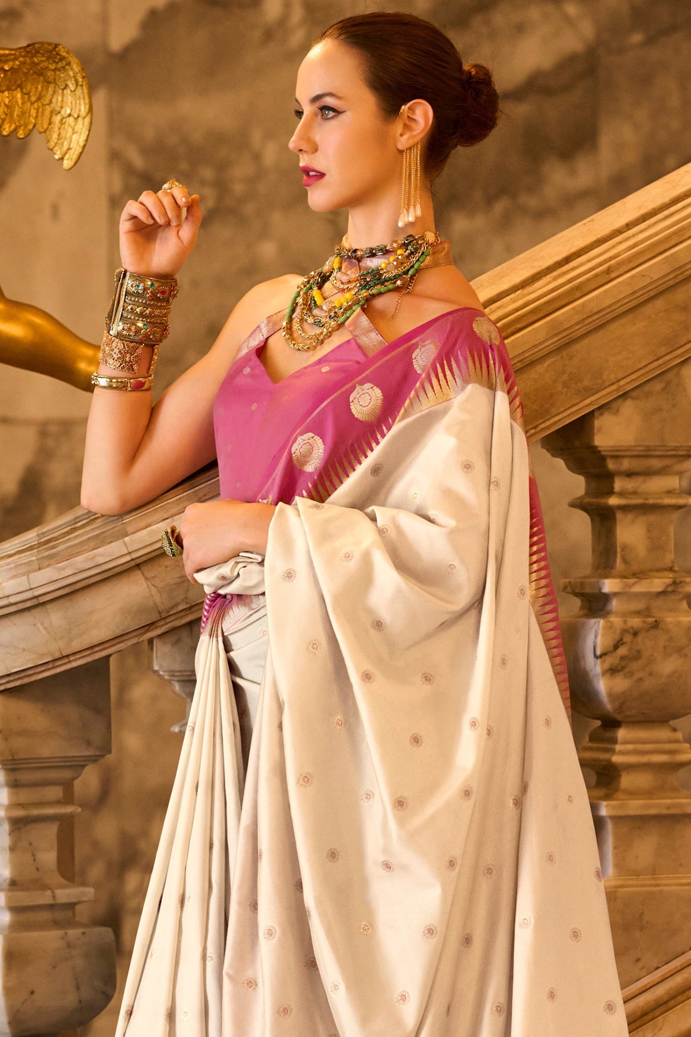 Cherry Cream Pure Soft Banarasi Silk Weaving Saree