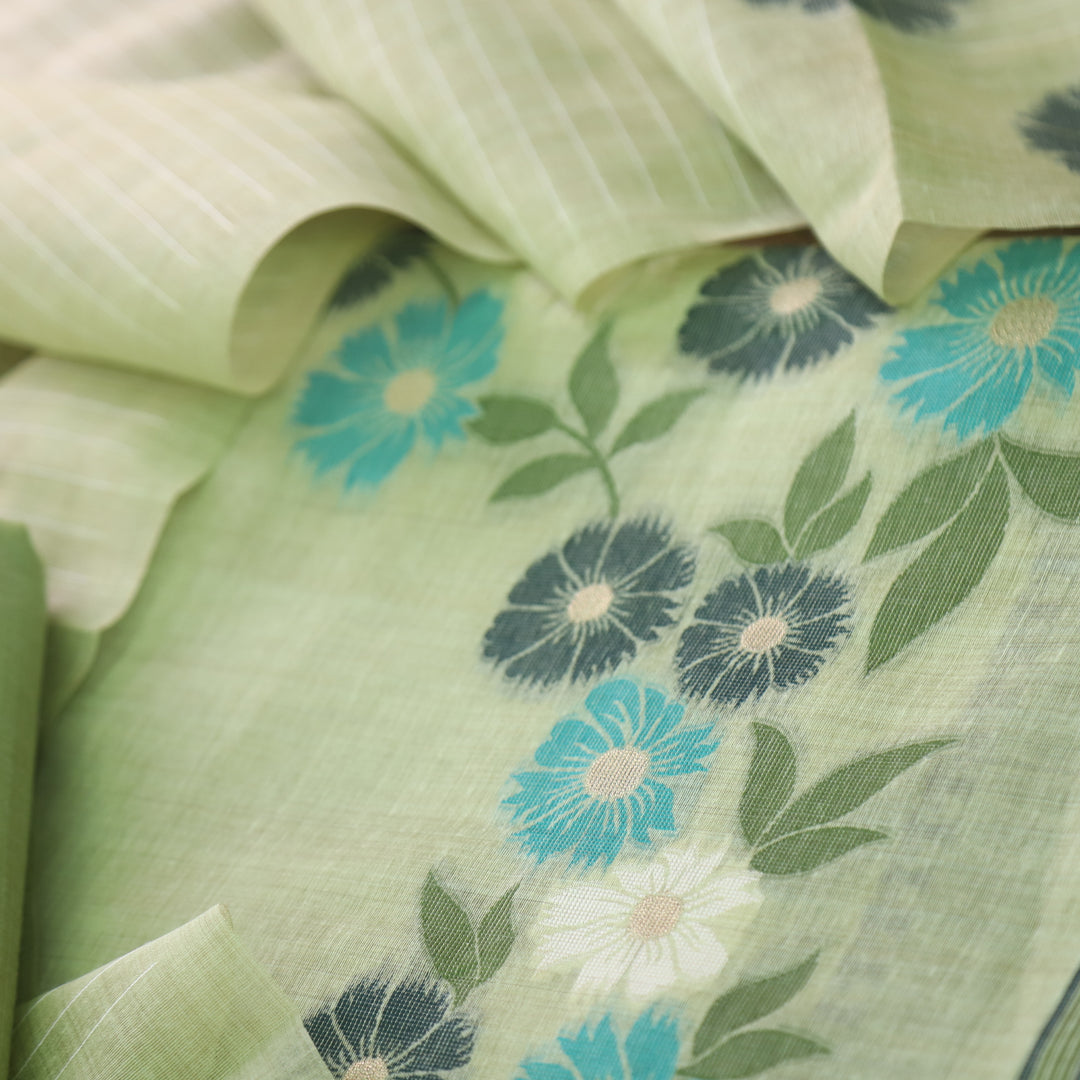 Pista Soft Muga Cotton Jamdani Flower Weaving Unstitched Dress Material