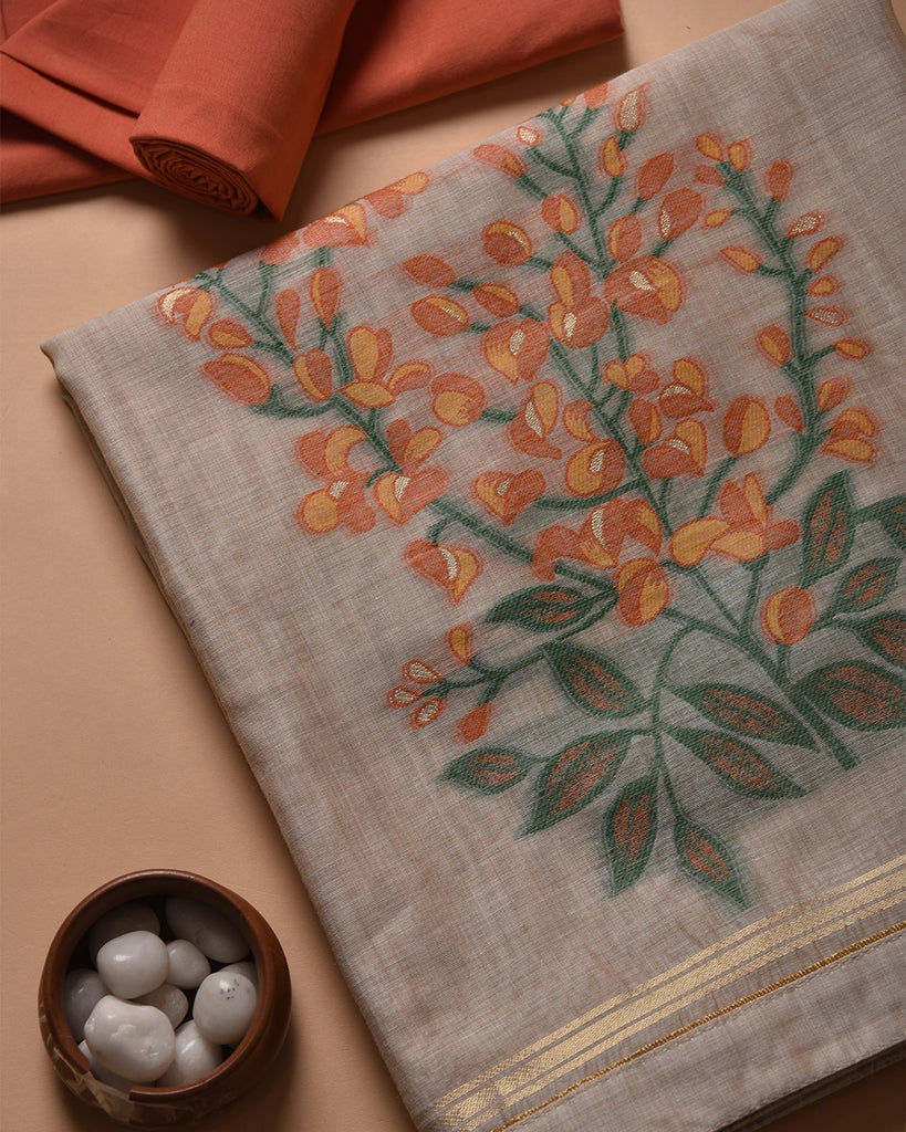 Burnt Umber Pure Soft Muga Cotton Flower Weaving Unstitched Dress Material