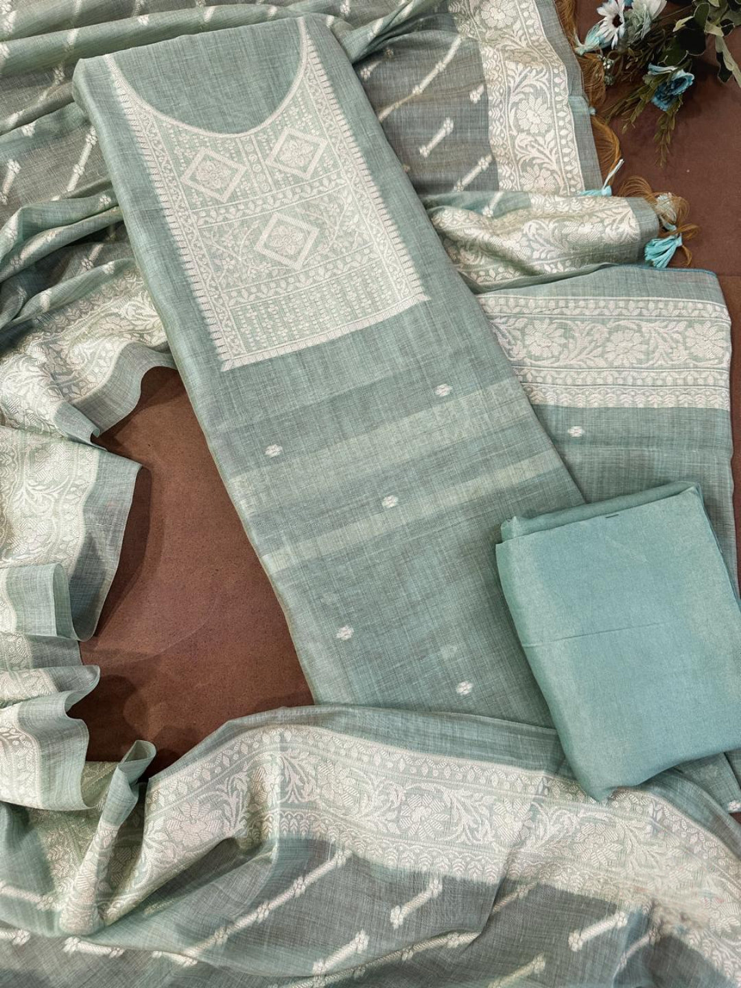 Sky Blue Pure Soft Muga Cotton Weaving Work Unstitched Dress Material