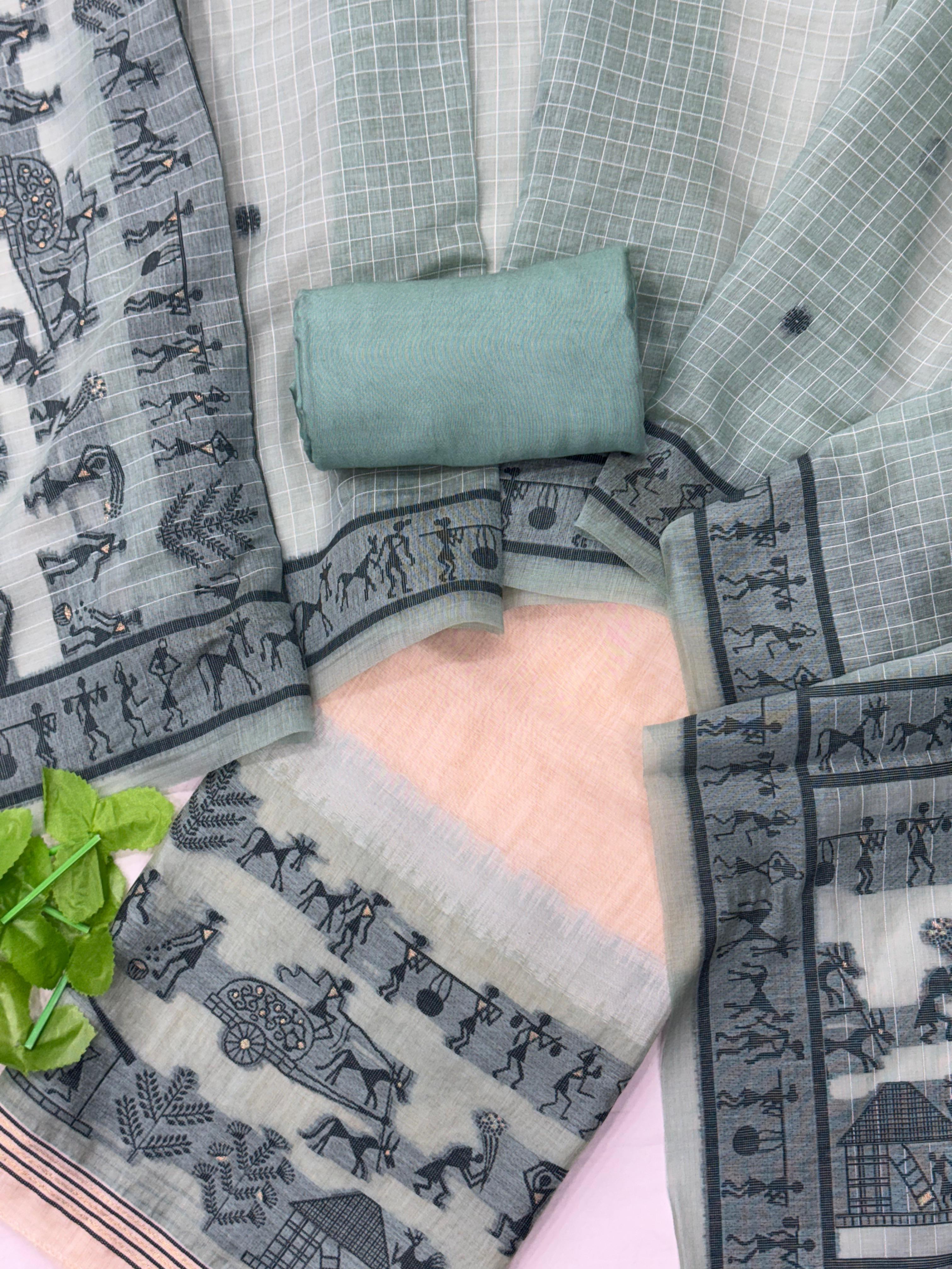 Sky Blue Pure Muga Silk Warli With All Over Butti Weaving Unstitched 3pis Dress Material