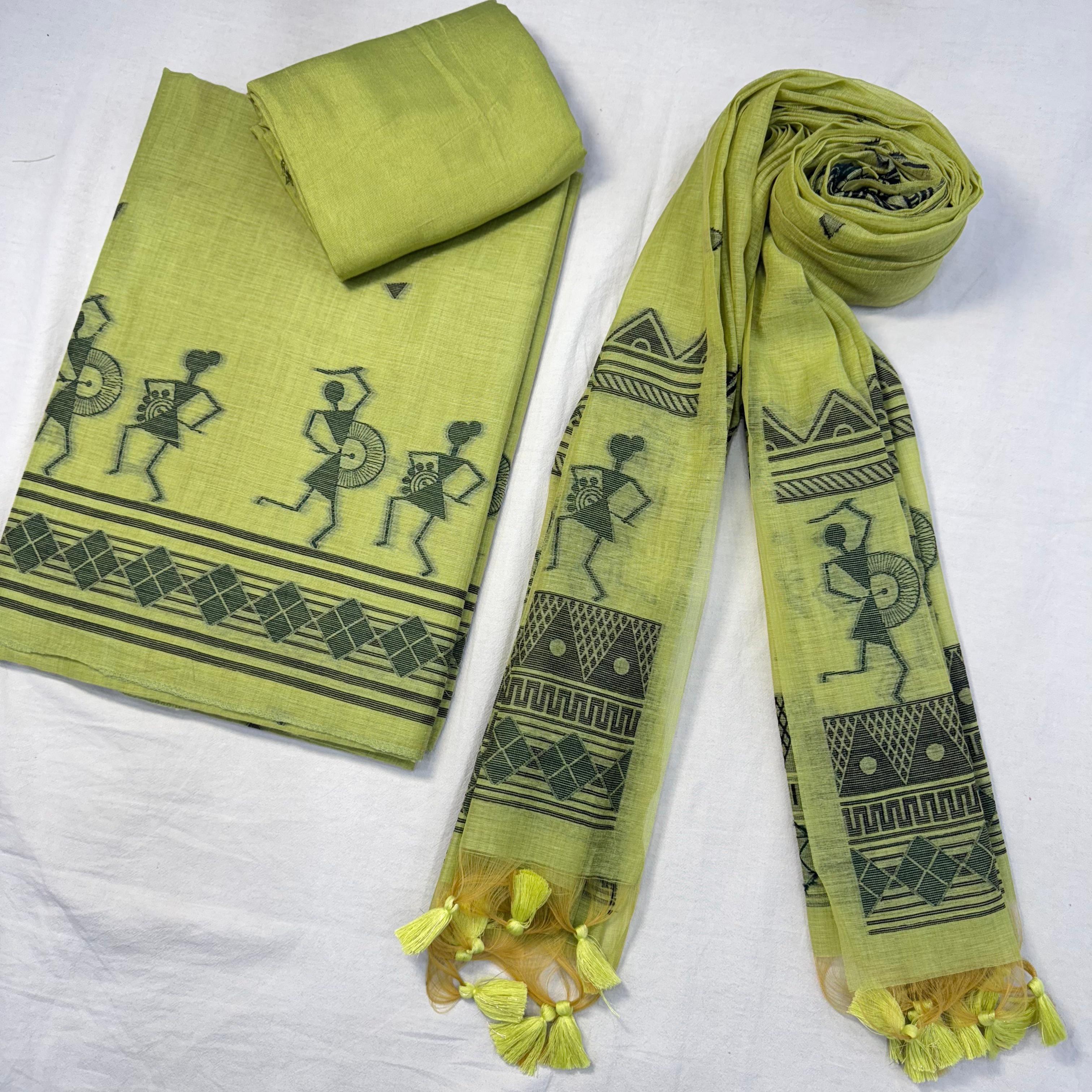 Parrot Pure Muga Silk Warli With All Over Butti Weaving Unstitched 3pis Dress Material