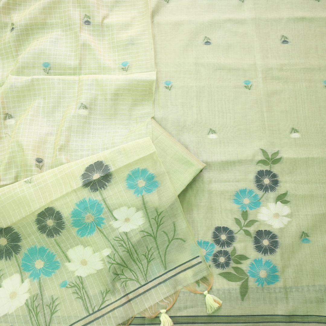 Pista Soft Muga Cotton Jamdani Flower Weaving Unstitched Dress Material