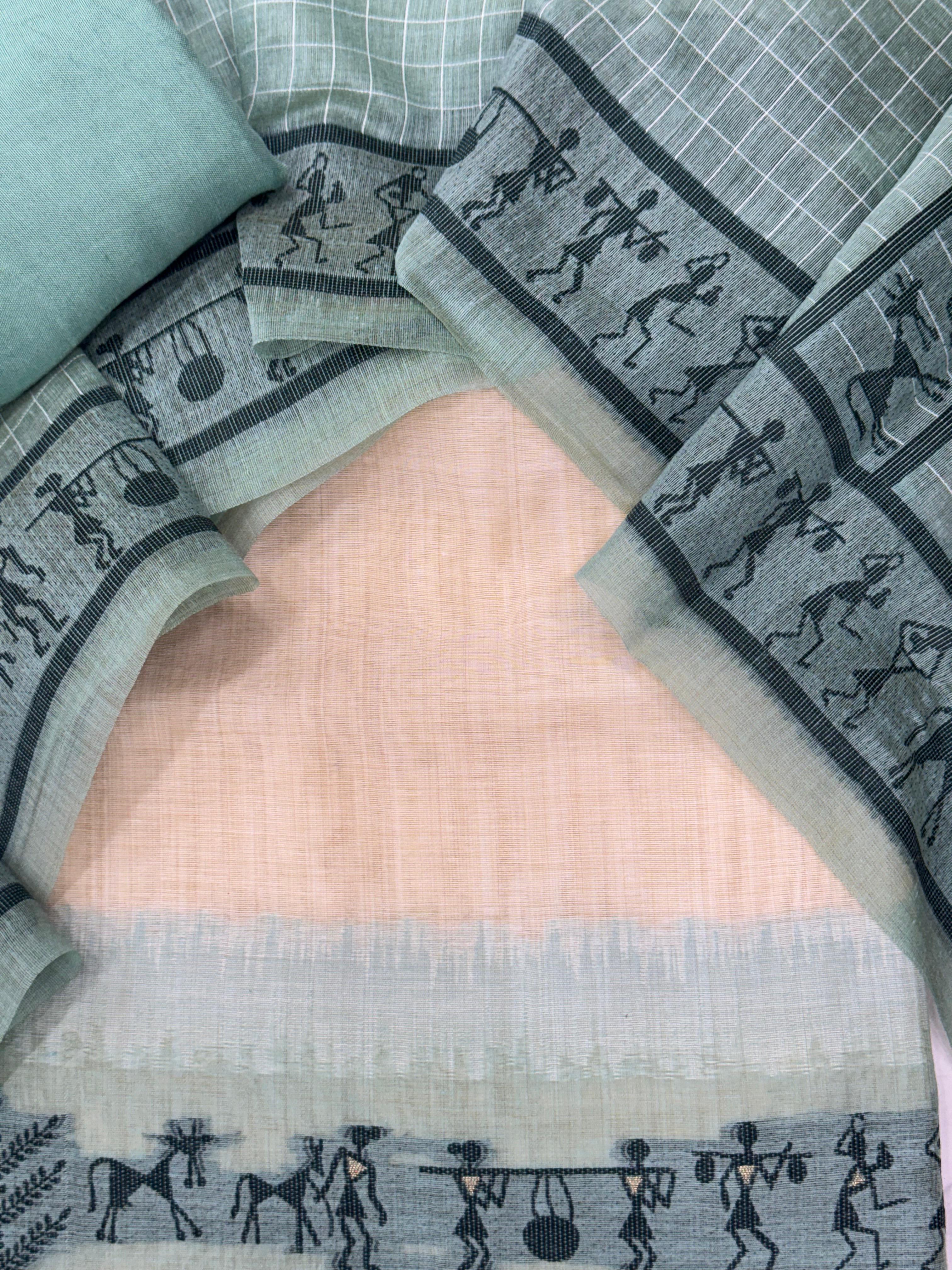 Sky Blue Pure Muga Silk Warli With All Over Butti Weaving Unstitched 3pis Dress Material