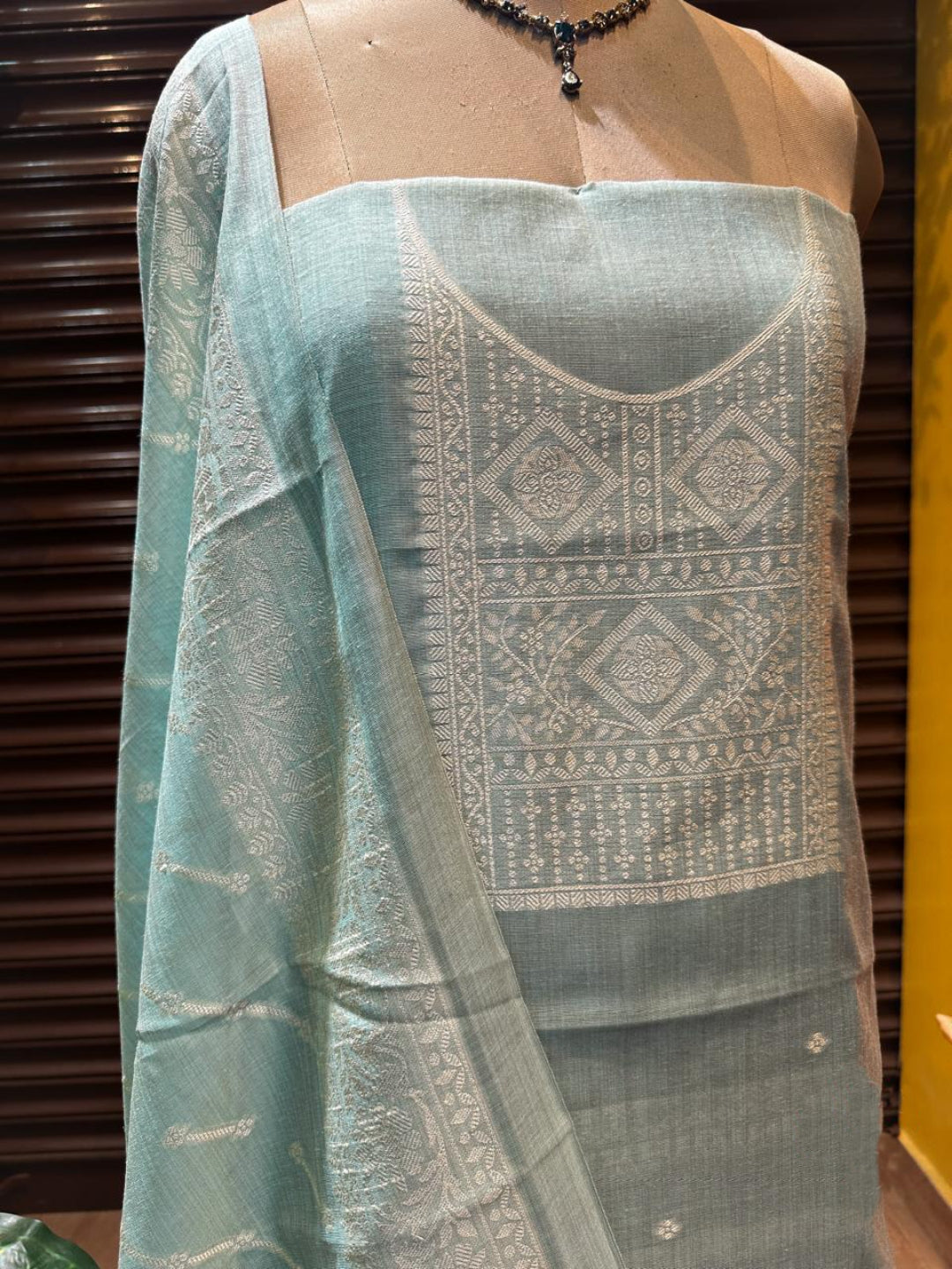 Sky Blue Pure Soft Muga Cotton Weaving Work Unstitched Dress Material