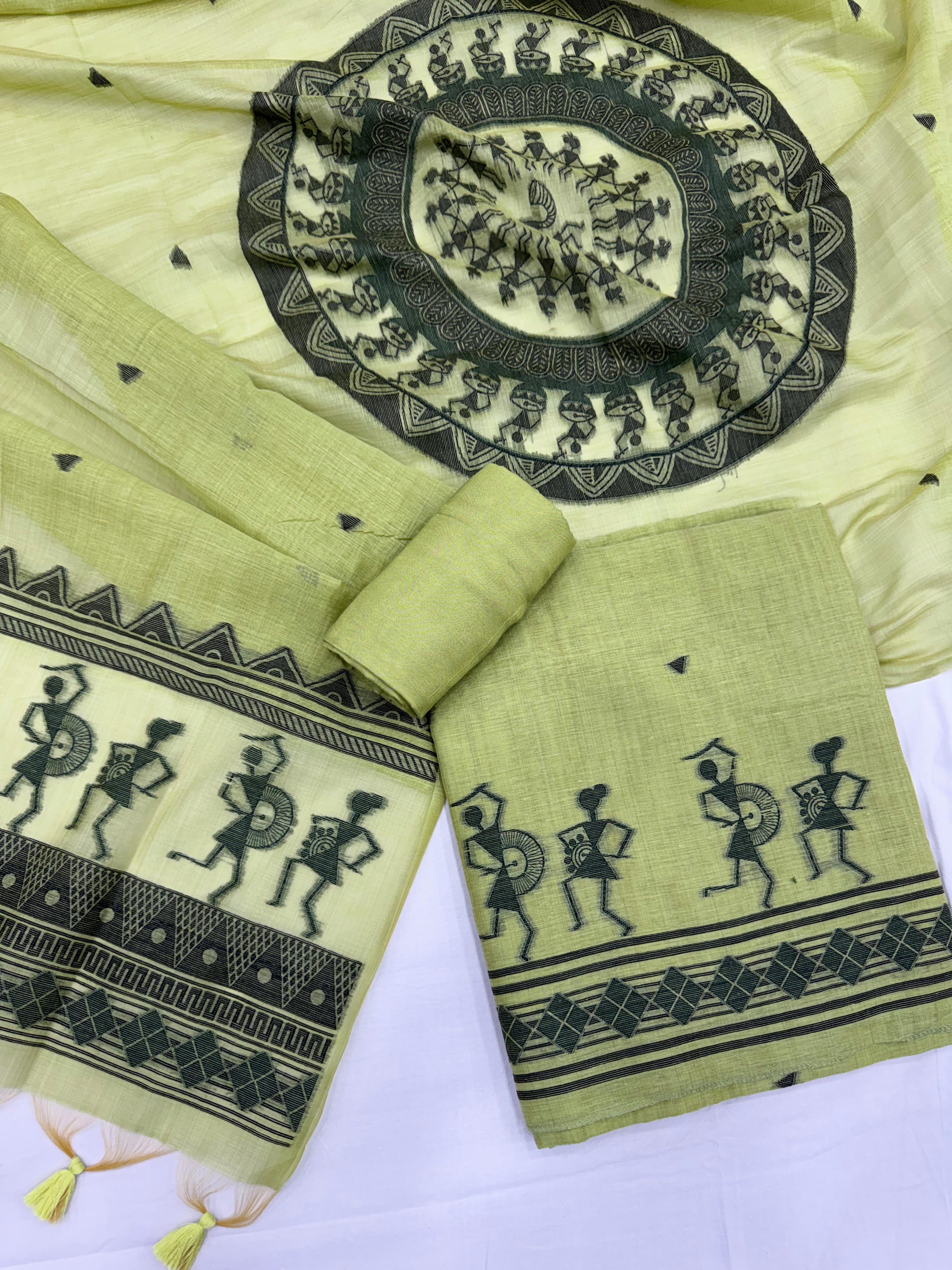 Parrot Pure Muga Silk Warli With All Over Butti Weaving Unstitched 3pis Dress Material