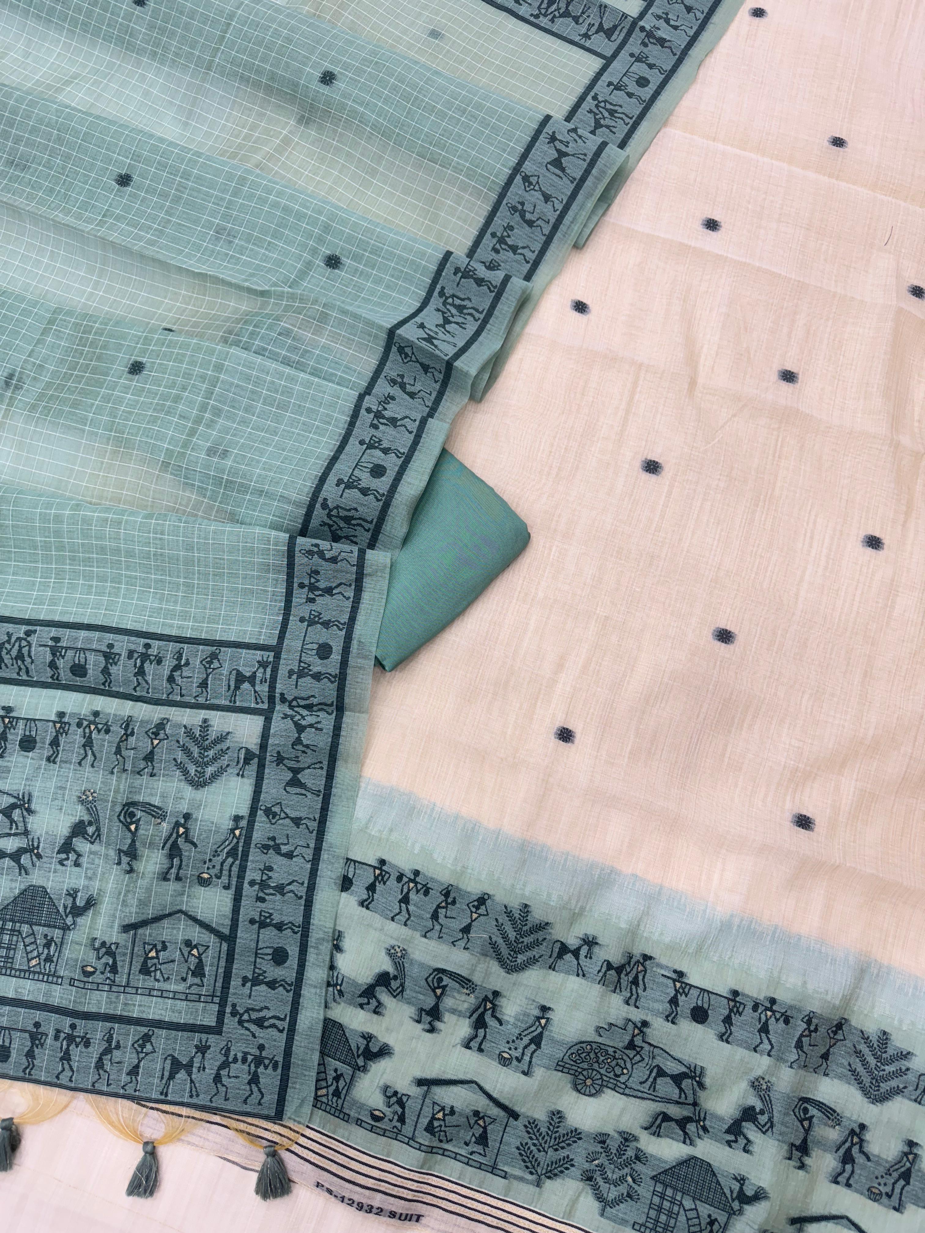 Sky Blue Pure Muga Silk Warli With All Over Butti Weaving Unstitched 3pis Dress Material