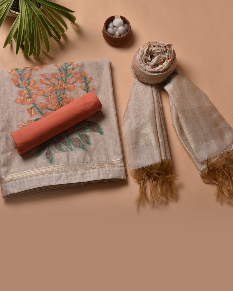 Burnt Umber Pure Soft Muga Cotton Flower Weaving Unstitched Dress Material