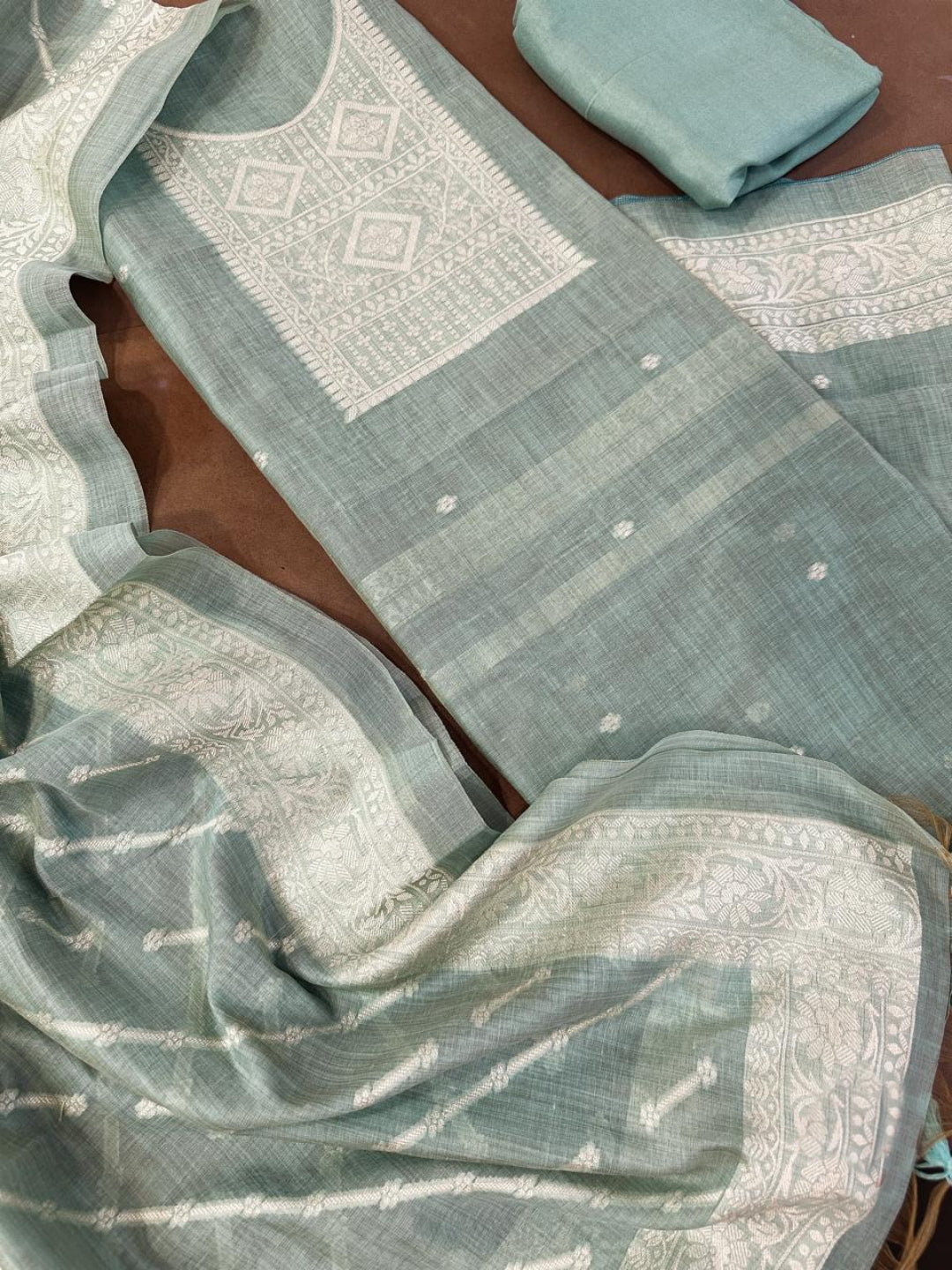 Sky Blue Pure Soft Muga Cotton Weaving Work Unstitched Dress Material