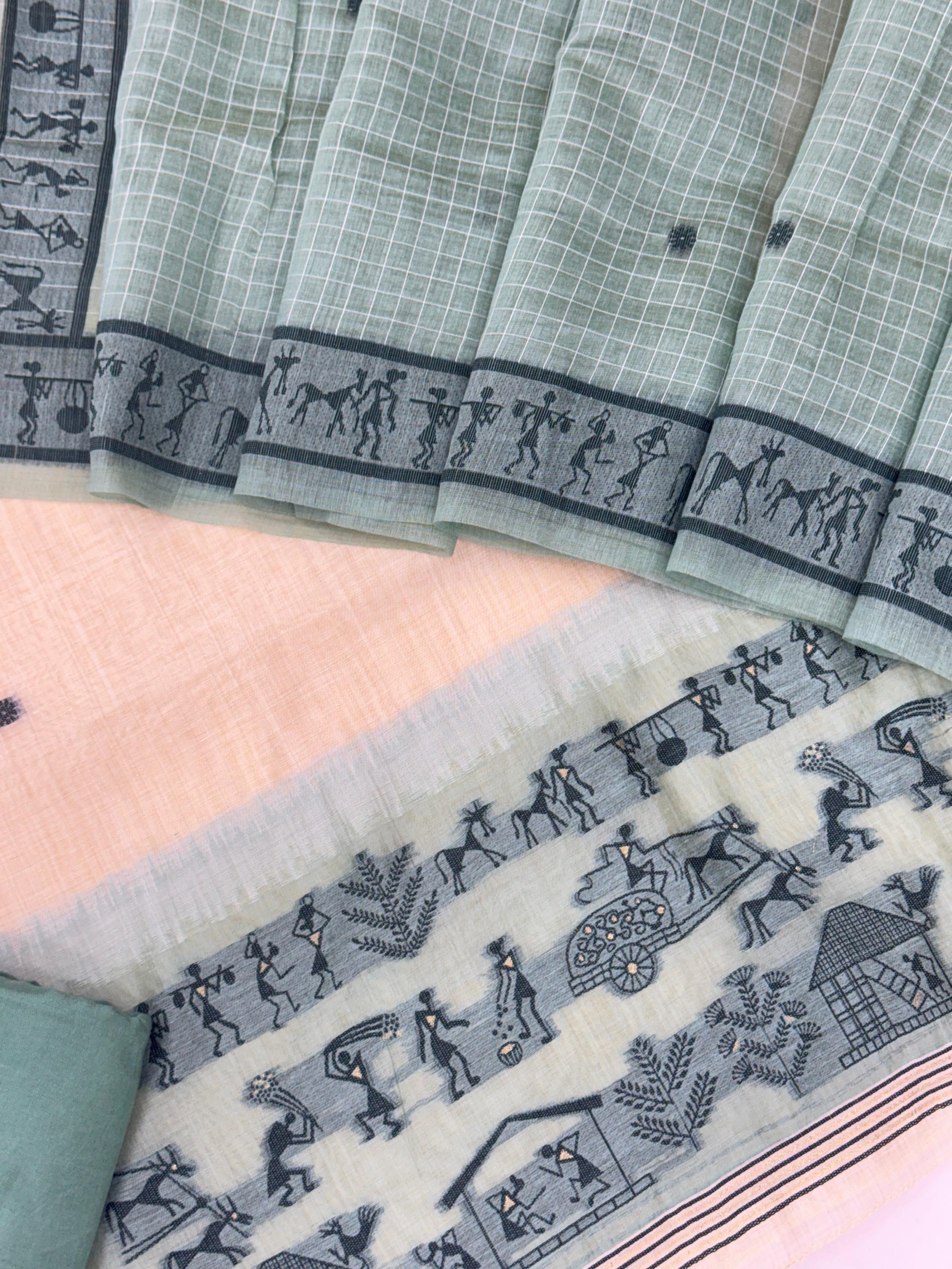 Sky Blue Pure Muga Silk Warli With All Over Butti Weaving Unstitched 3pis Dress Material