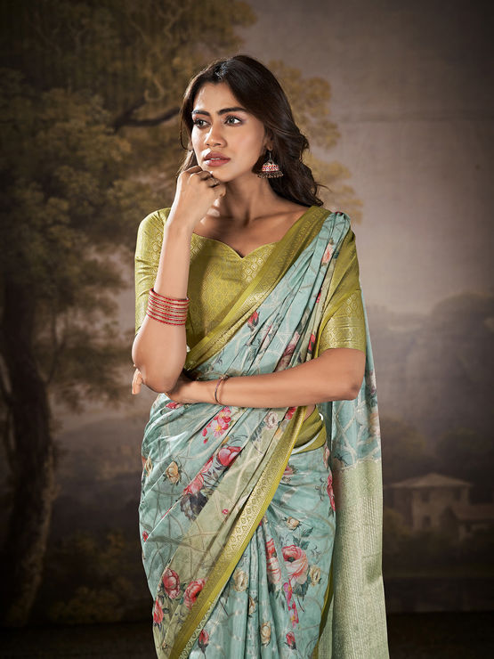 Manorana Sky Blue Tussar cotton Floral Printed Saree