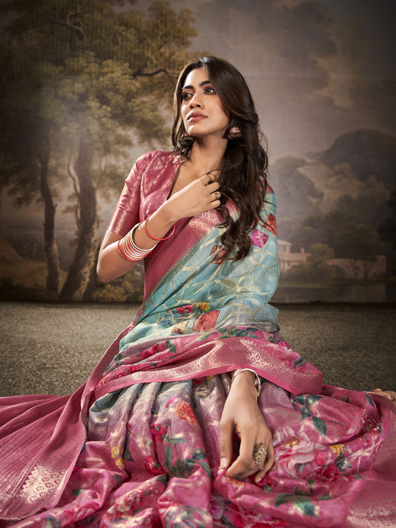 Manorana Blue Tussar cotton Floral Printed Saree
