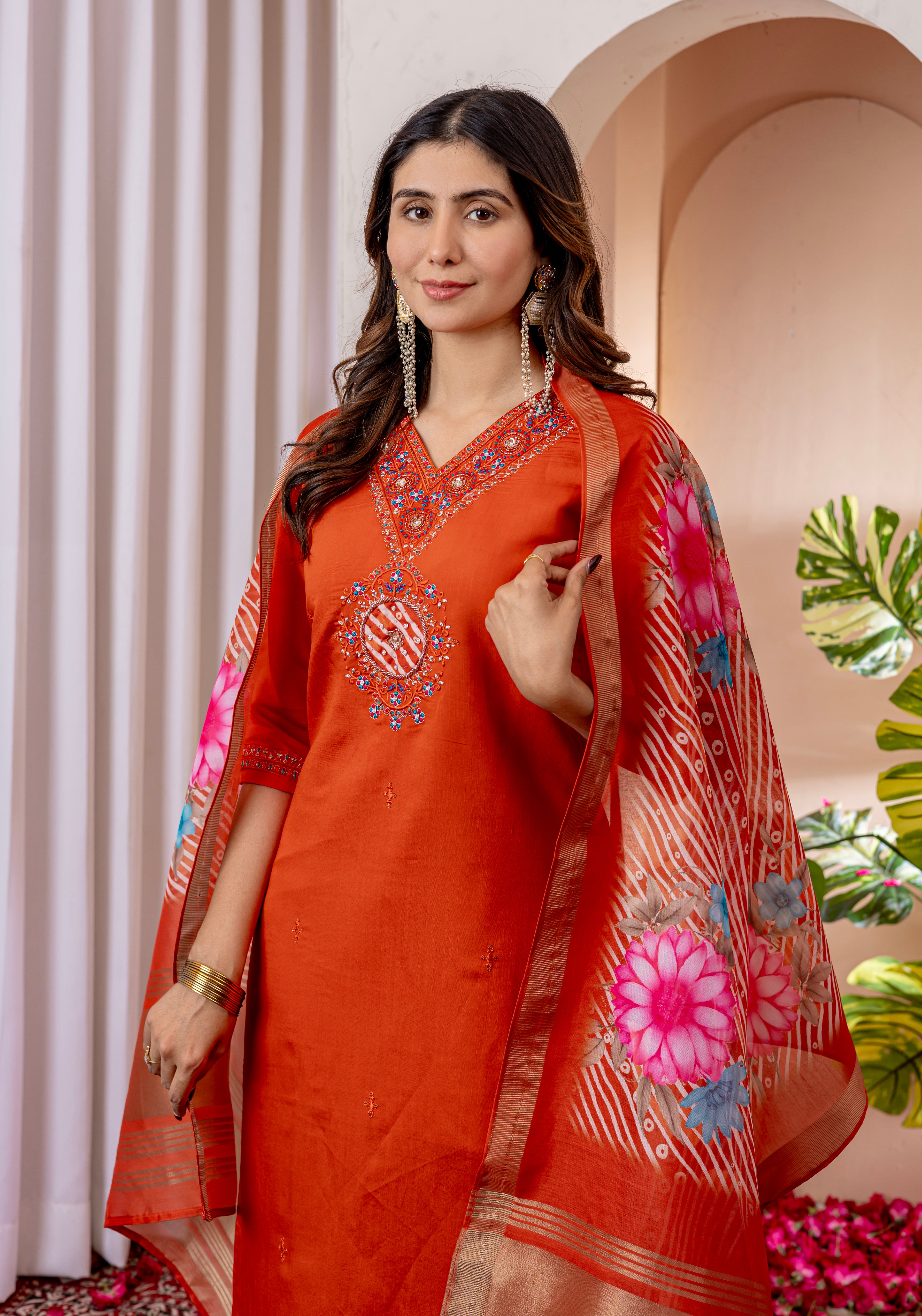 Orange Marina Viscose Silk Embroidery Thread With Hand Work Suit Set ...