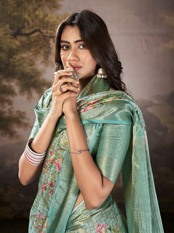 Manorana Rama Tussar cotton Floral Printed Saree