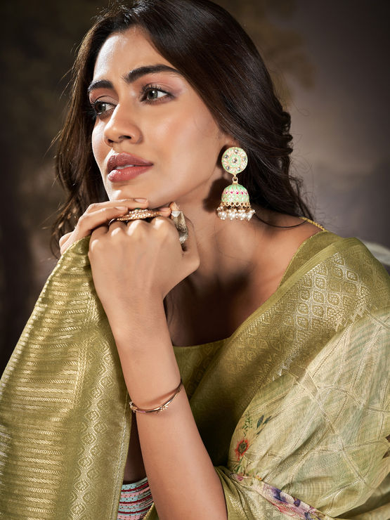 Manorana Golden Tussar cotton Floral Printed Saree