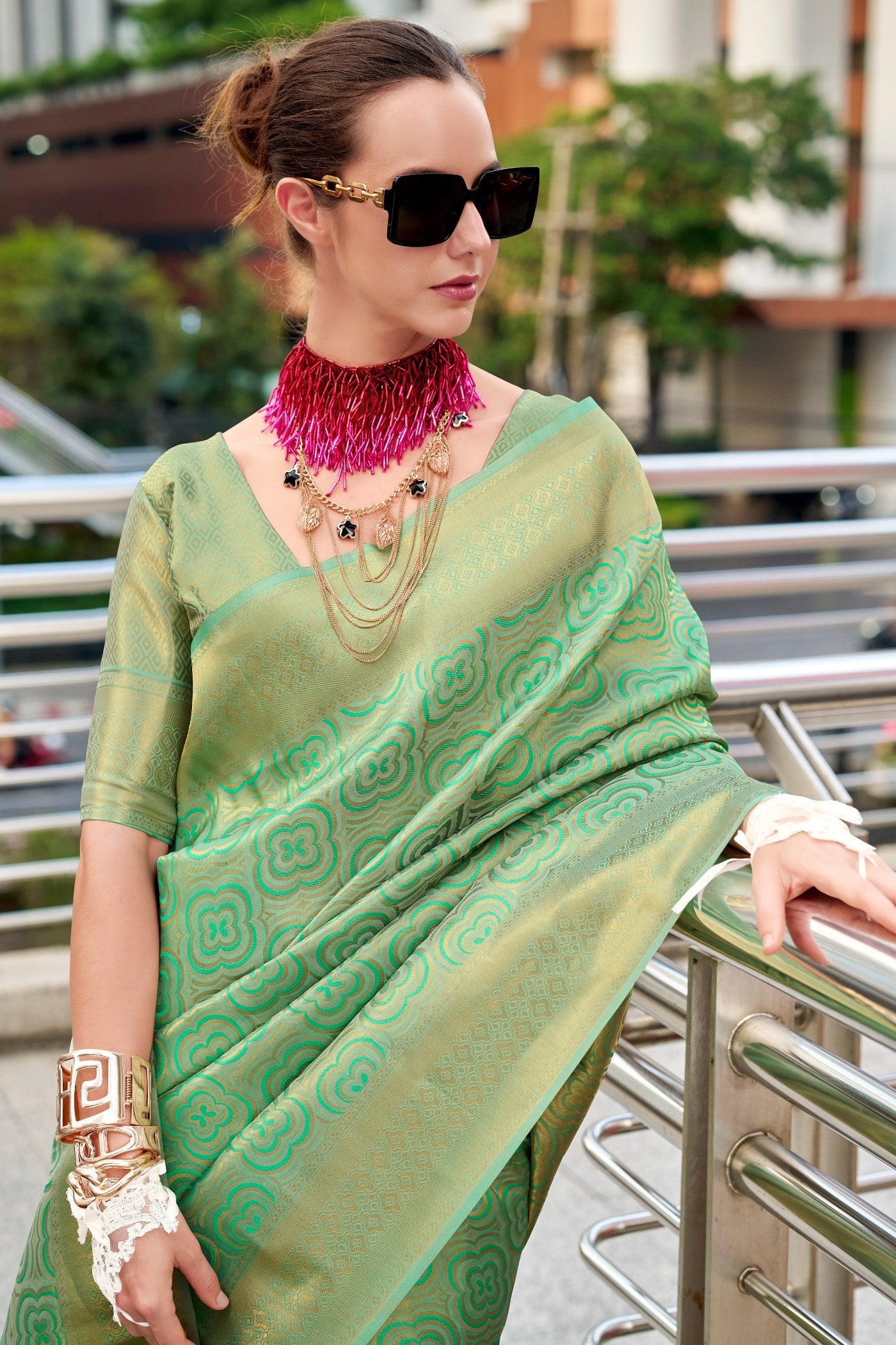 Butterscotch Pistachio Kanchivaram Buttery Silk Weaving Saree