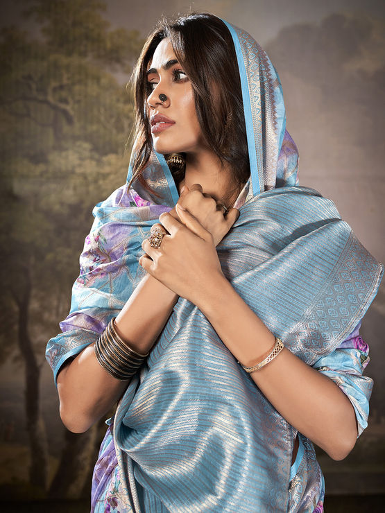 Manorana Ice Blue Tussar cotton Floral Printed Saree