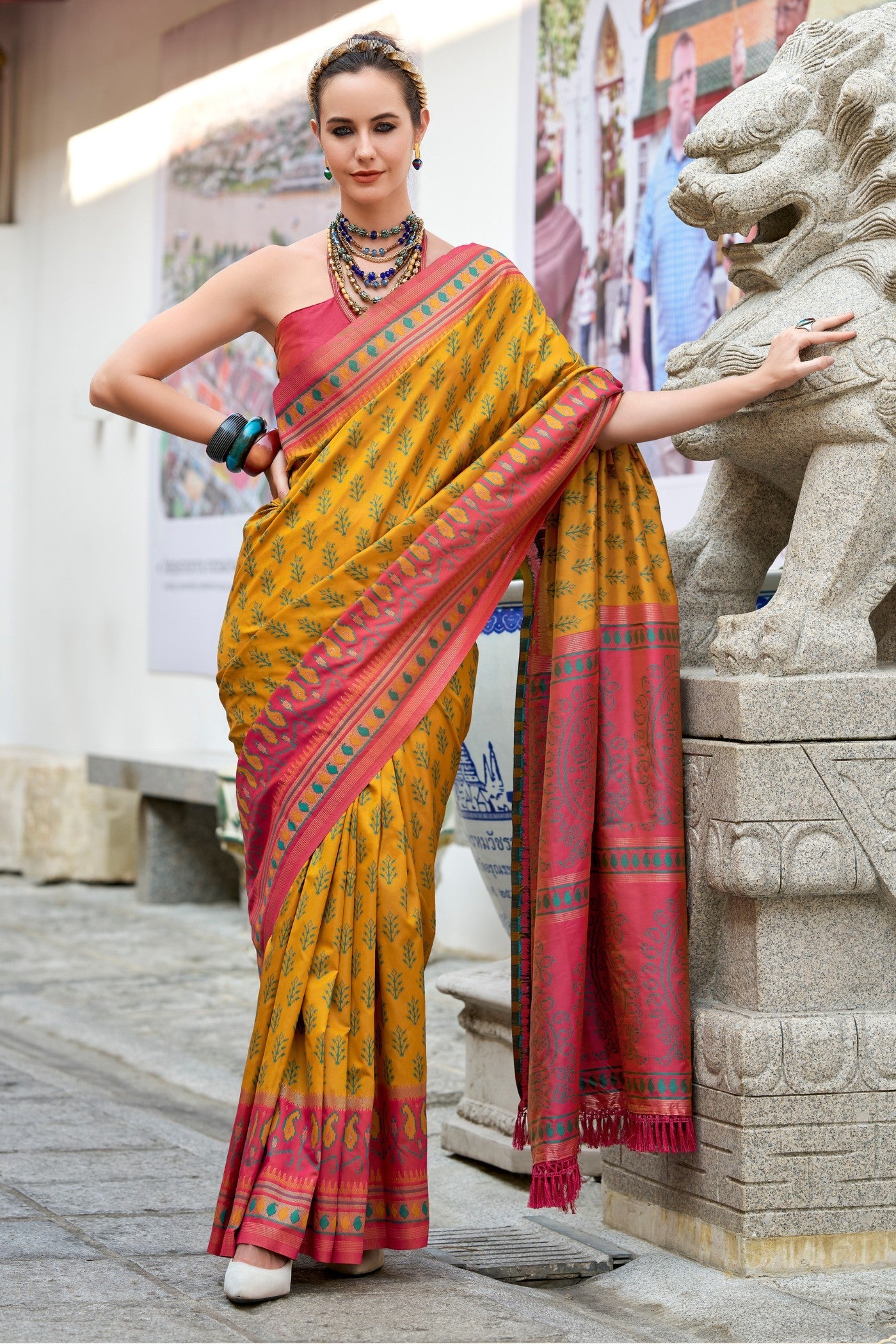 Taj Mahal Yellow Soft Banarasi Ikkat Silk Woven Saree